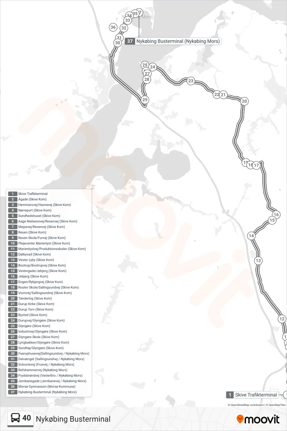 40 bus Linje (Nykøbing Busterminal) rute og stop på et kort