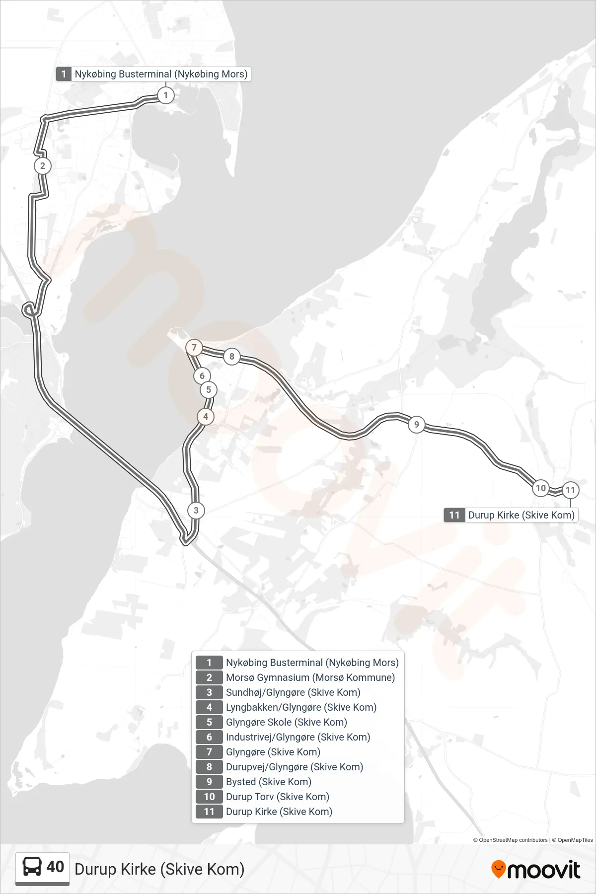 40 bus Linje (Durup Kirke (Skive Kom)) rute og stop på et kort