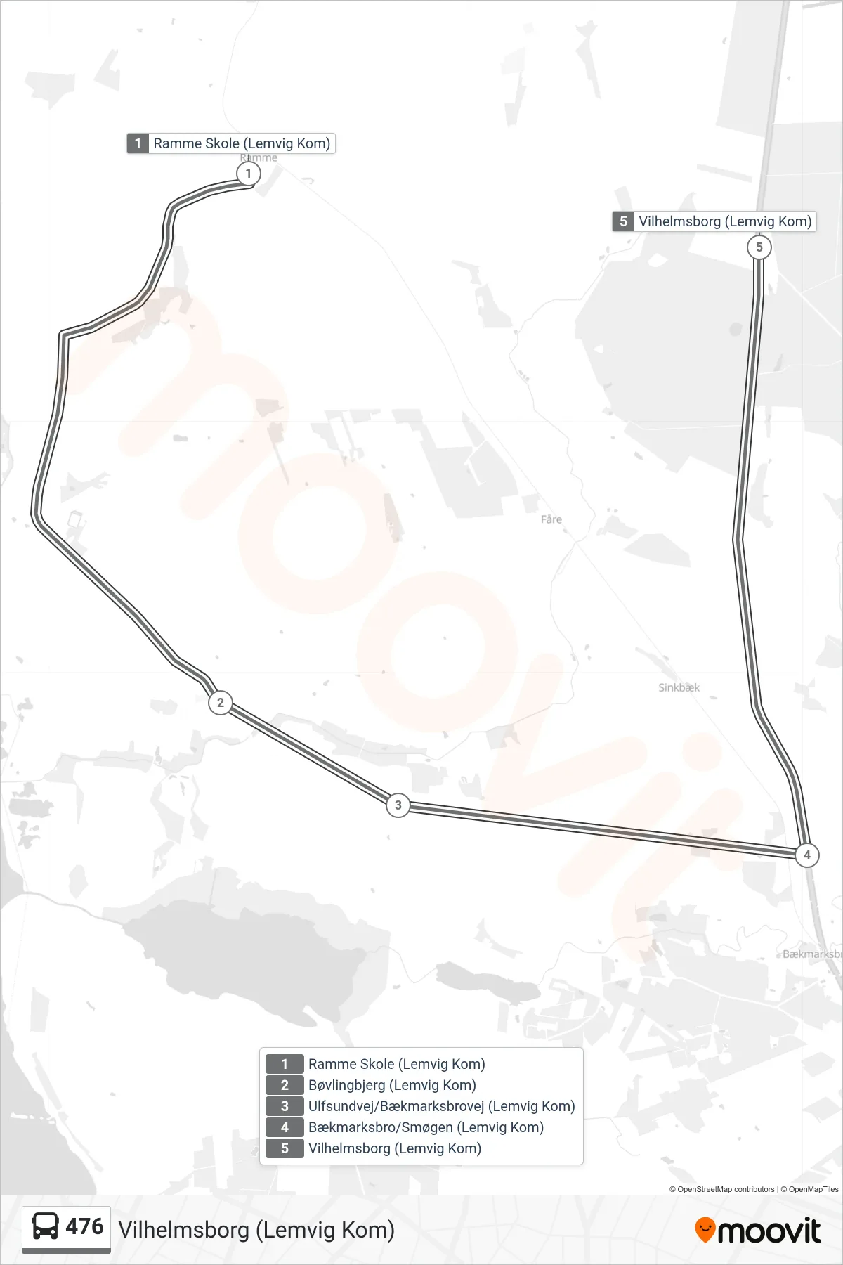 476 bus Linje (Vilhelmsborg (Lemvig Kom)) rute og stop på et kort