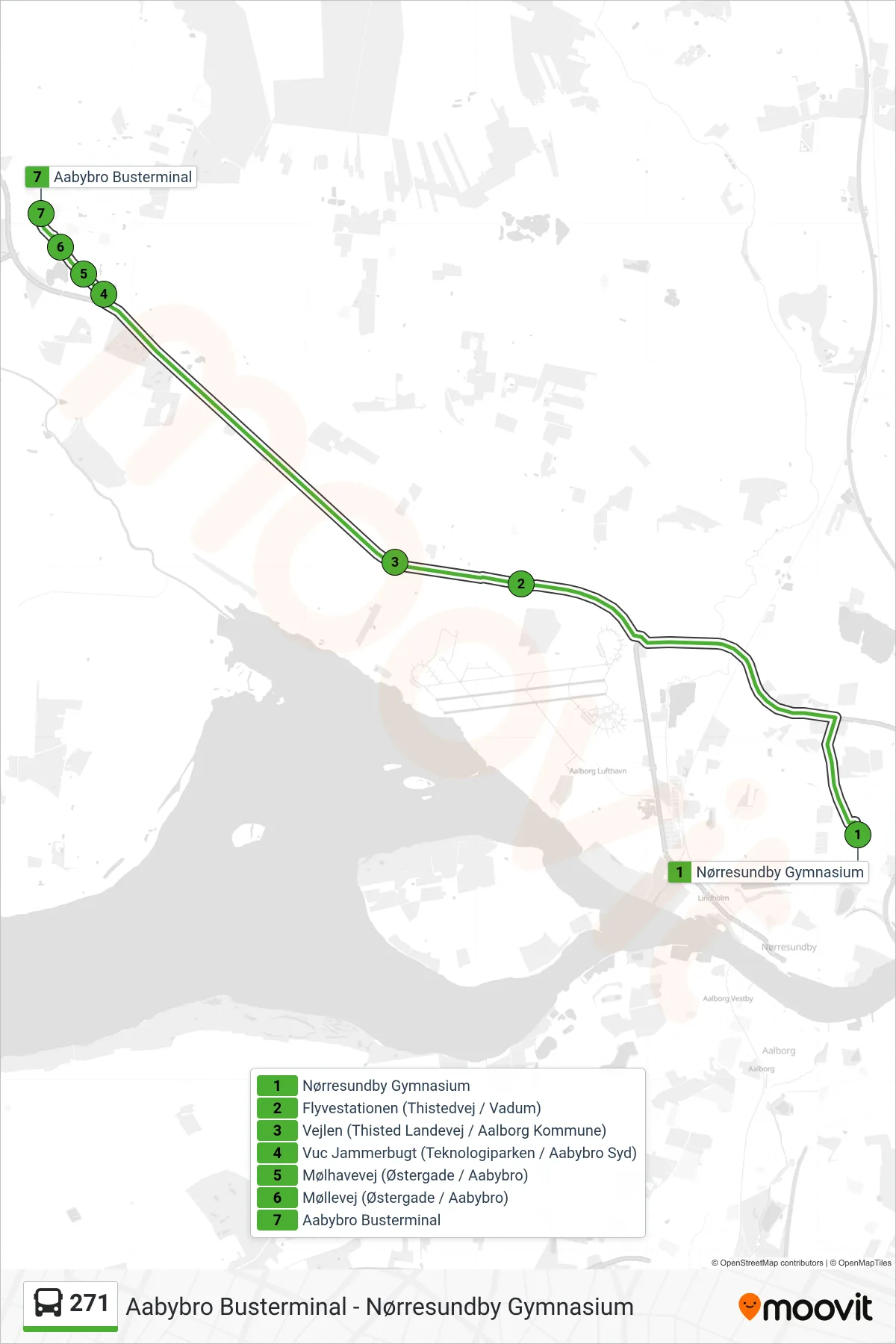 271 bus Linje (Aabybro Busterminal) rute og stop på et kort