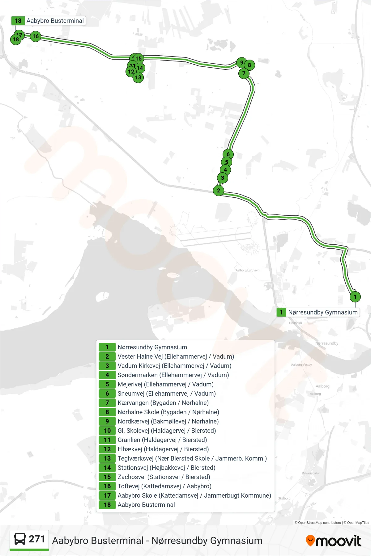 271 bus Linje (Aabybro Via Nørhalne - Biersted) rute og stop på et kort