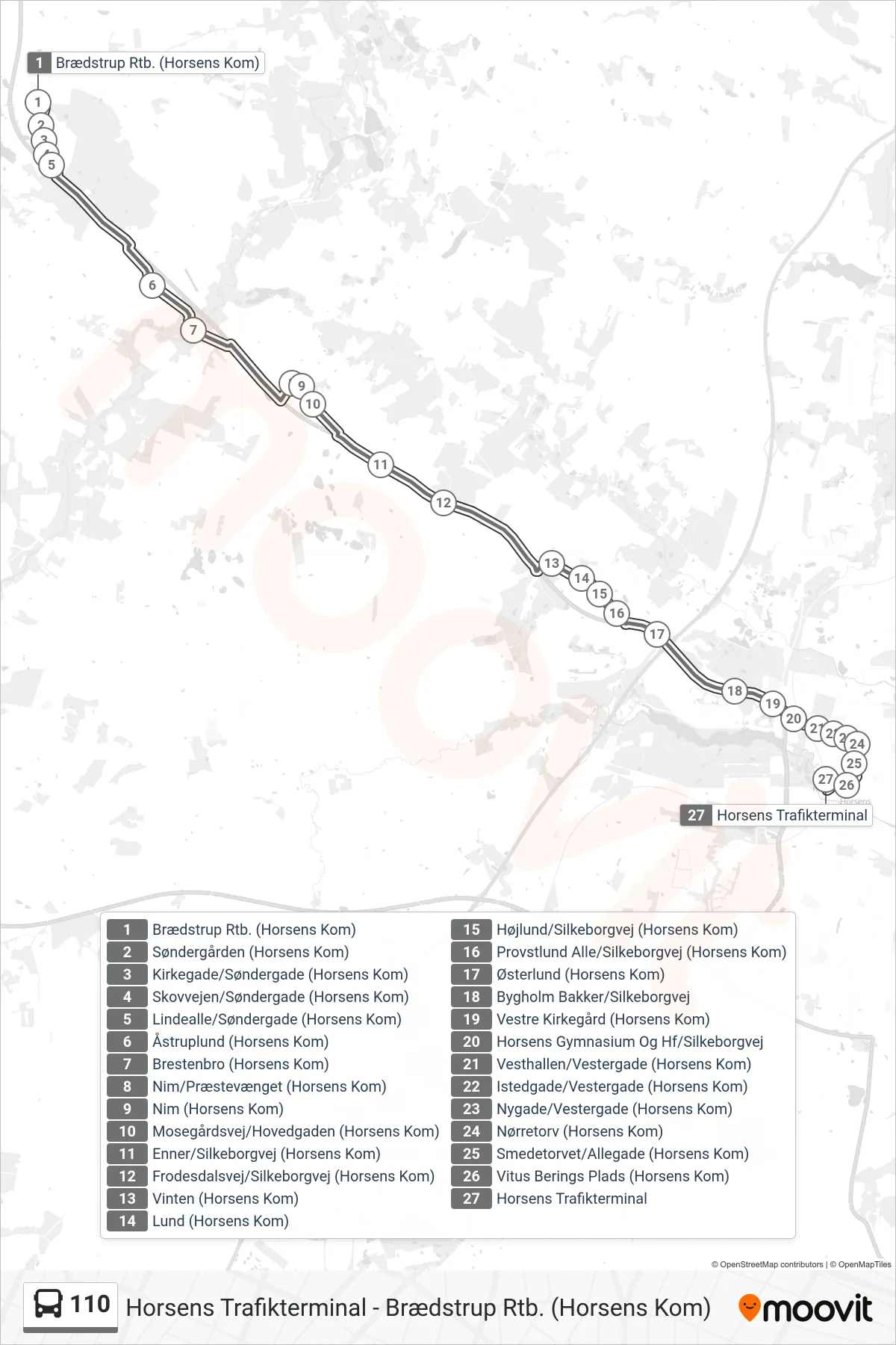 110 bus Linje (Horsens Trafikterminal) rute og stop på et kort