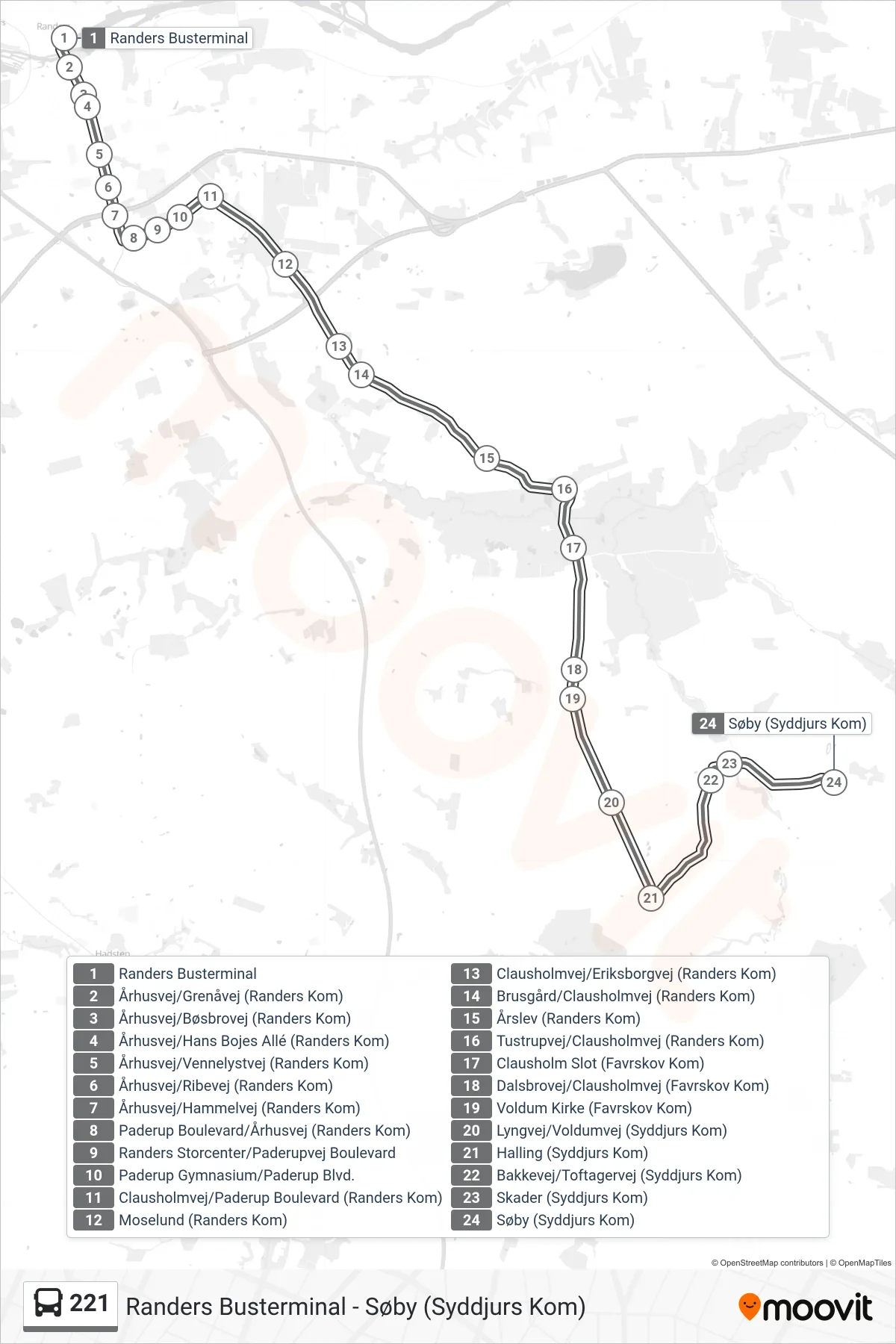 221 bus Linje (Søby) rute og stop på et kort