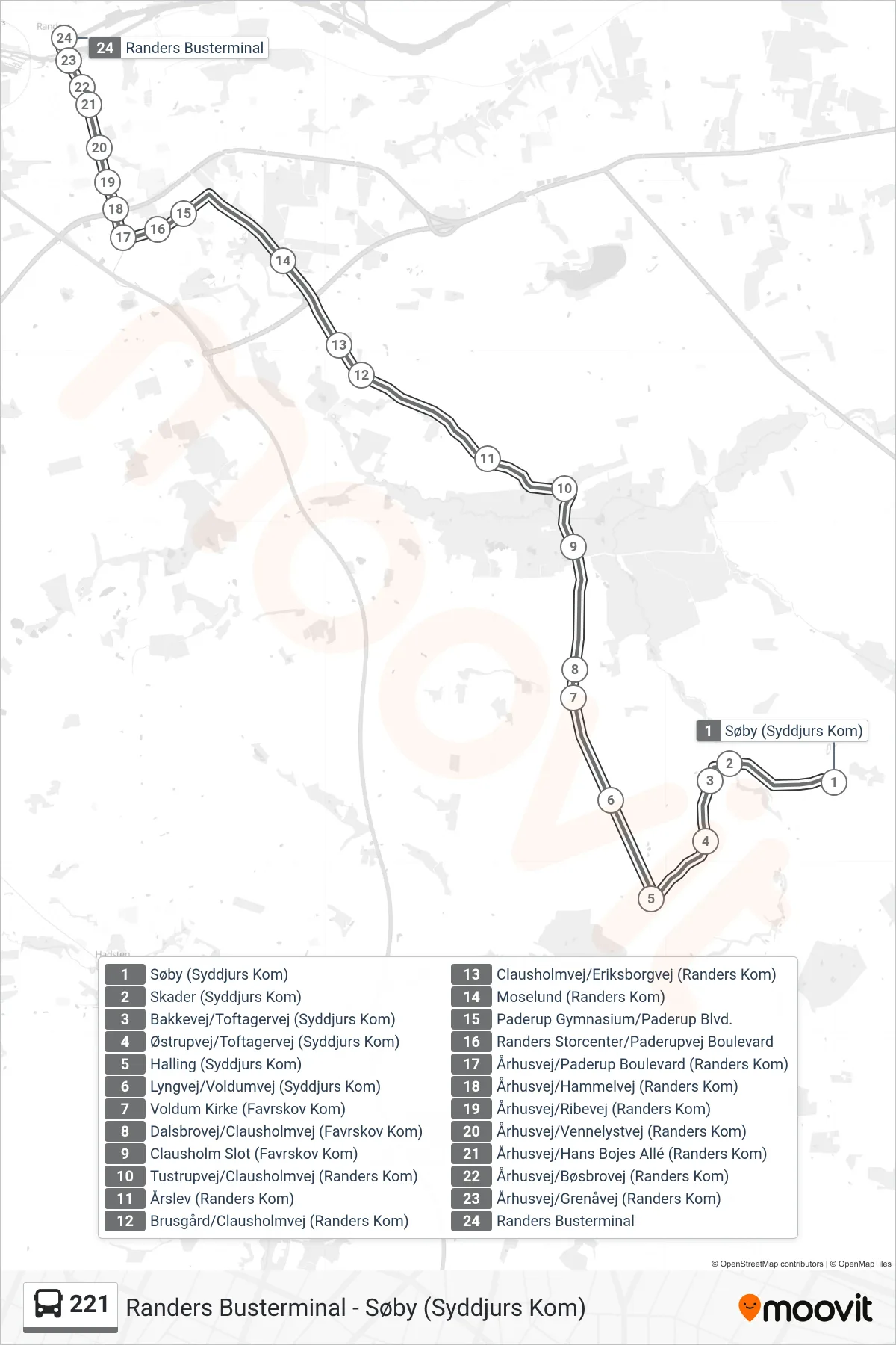 221 bus Linje (Randers Busterminal) rute og stop på et kort