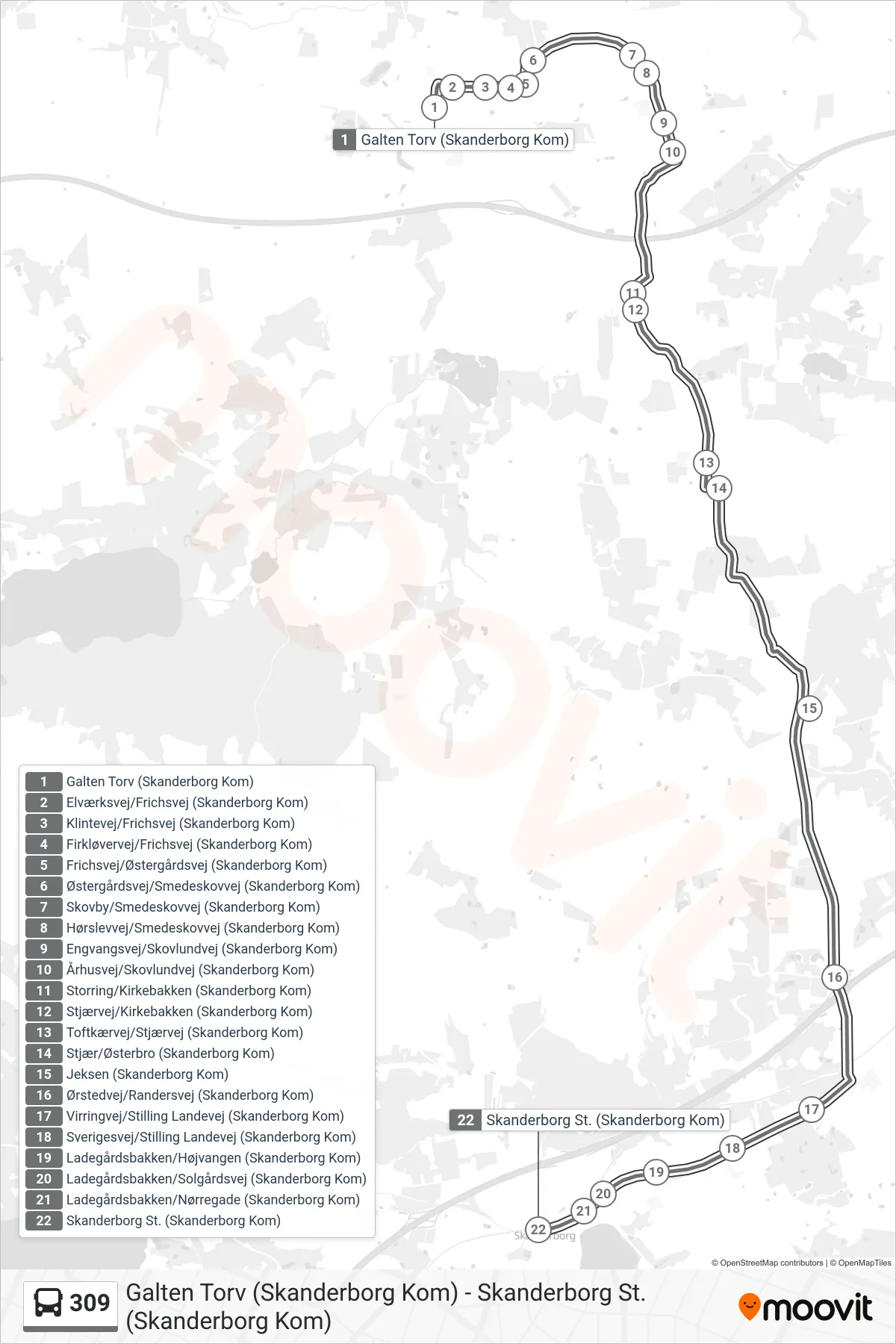 309 bus Linje (Skanderborg St.) rute og stop på et kort