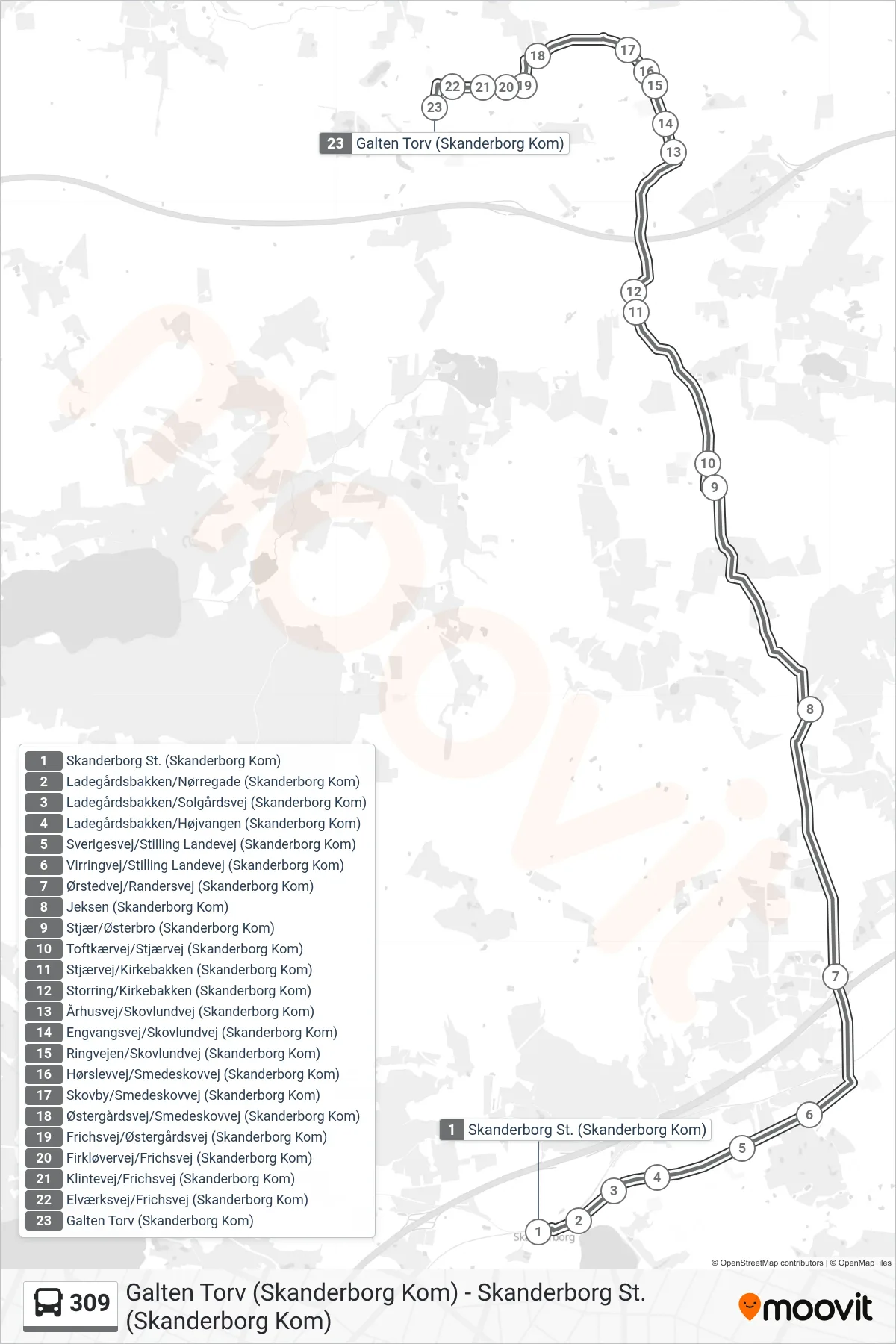 309 bus Linje (Galten Torv) rute og stop på et kort