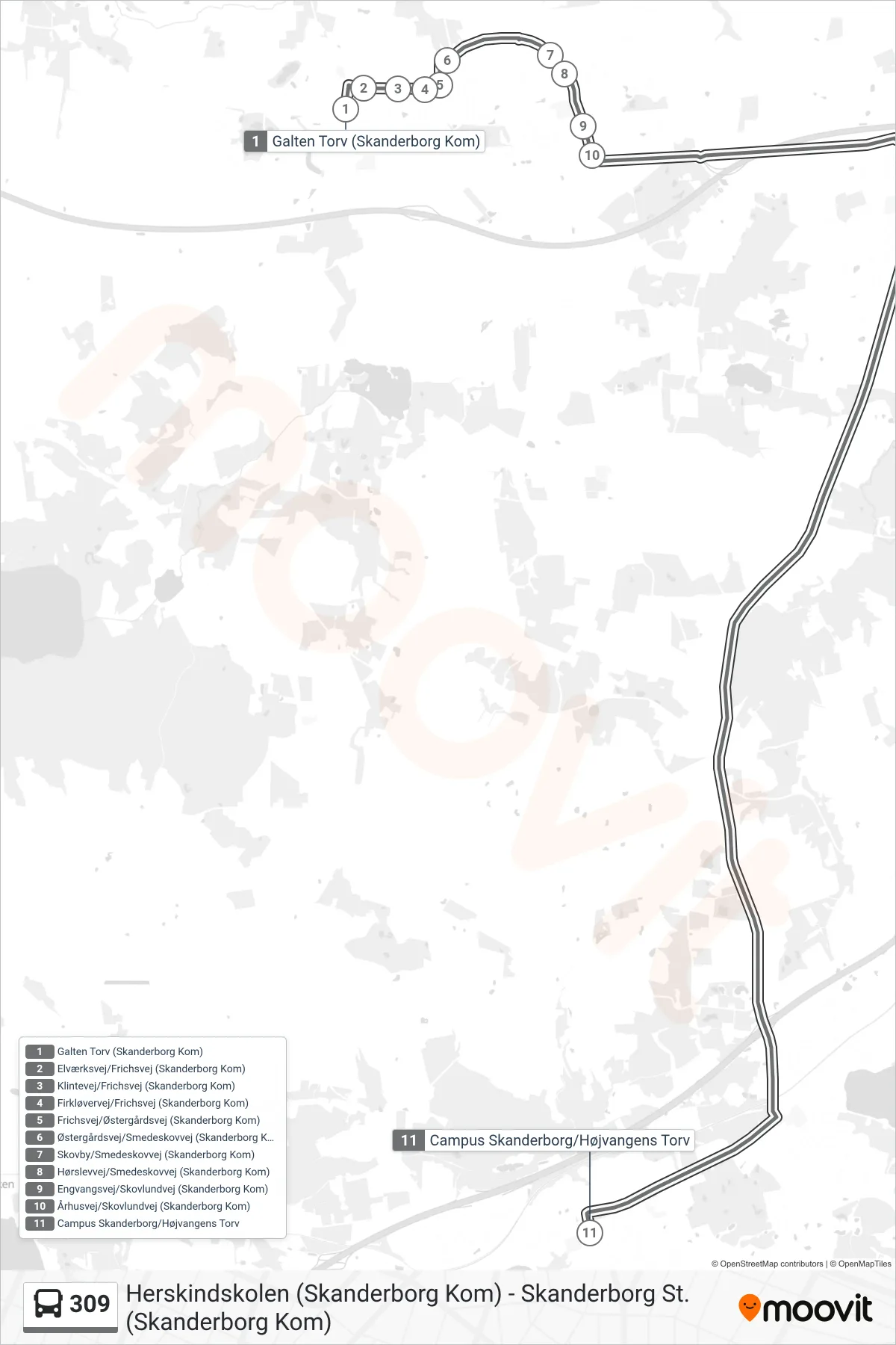 309 bus Linje (Campus Skanderborg (Lyntur)) rute og stop på et kort