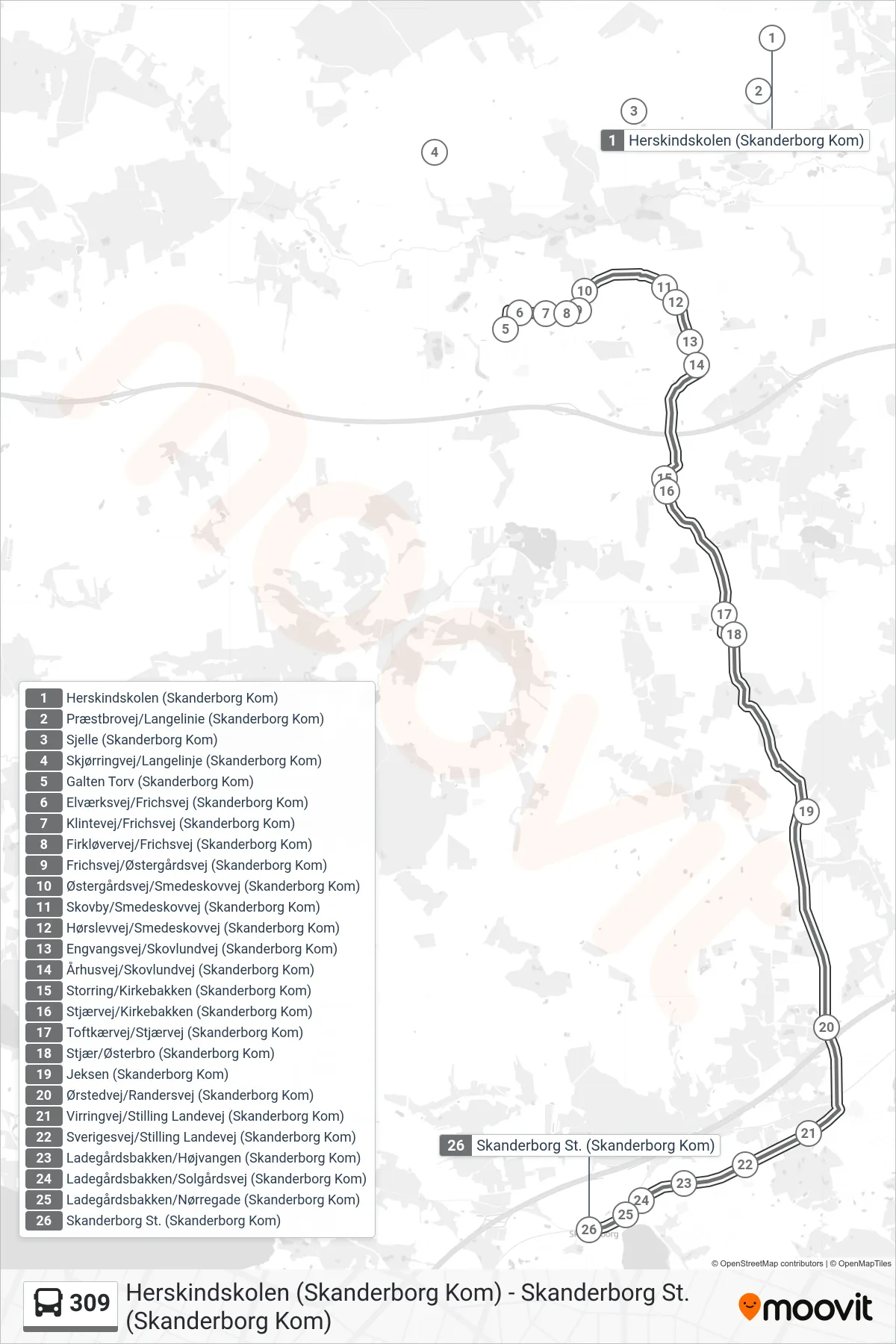 309 bus Linje (Skanderborg St.) rute og stop på et kort