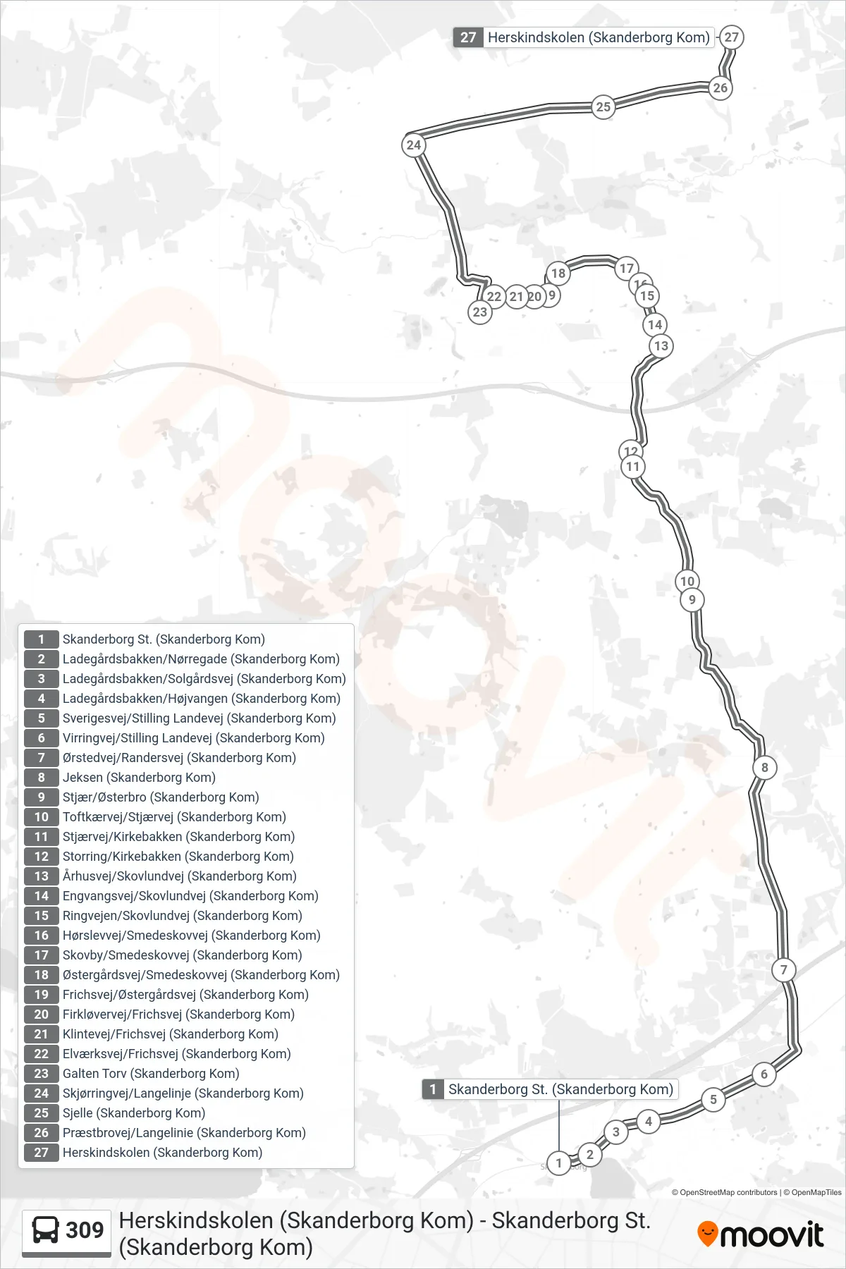 309 bus Linje (Herskindskolen) rute og stop på et kort