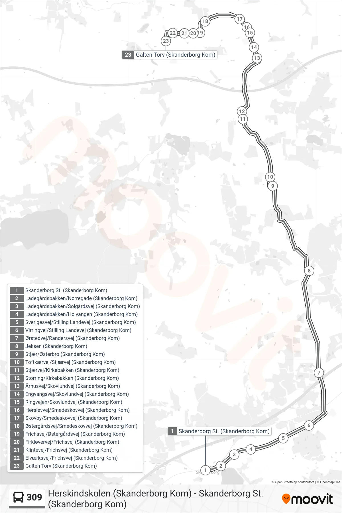 309 bus Linje (Galten Torv) rute og stop på et kort