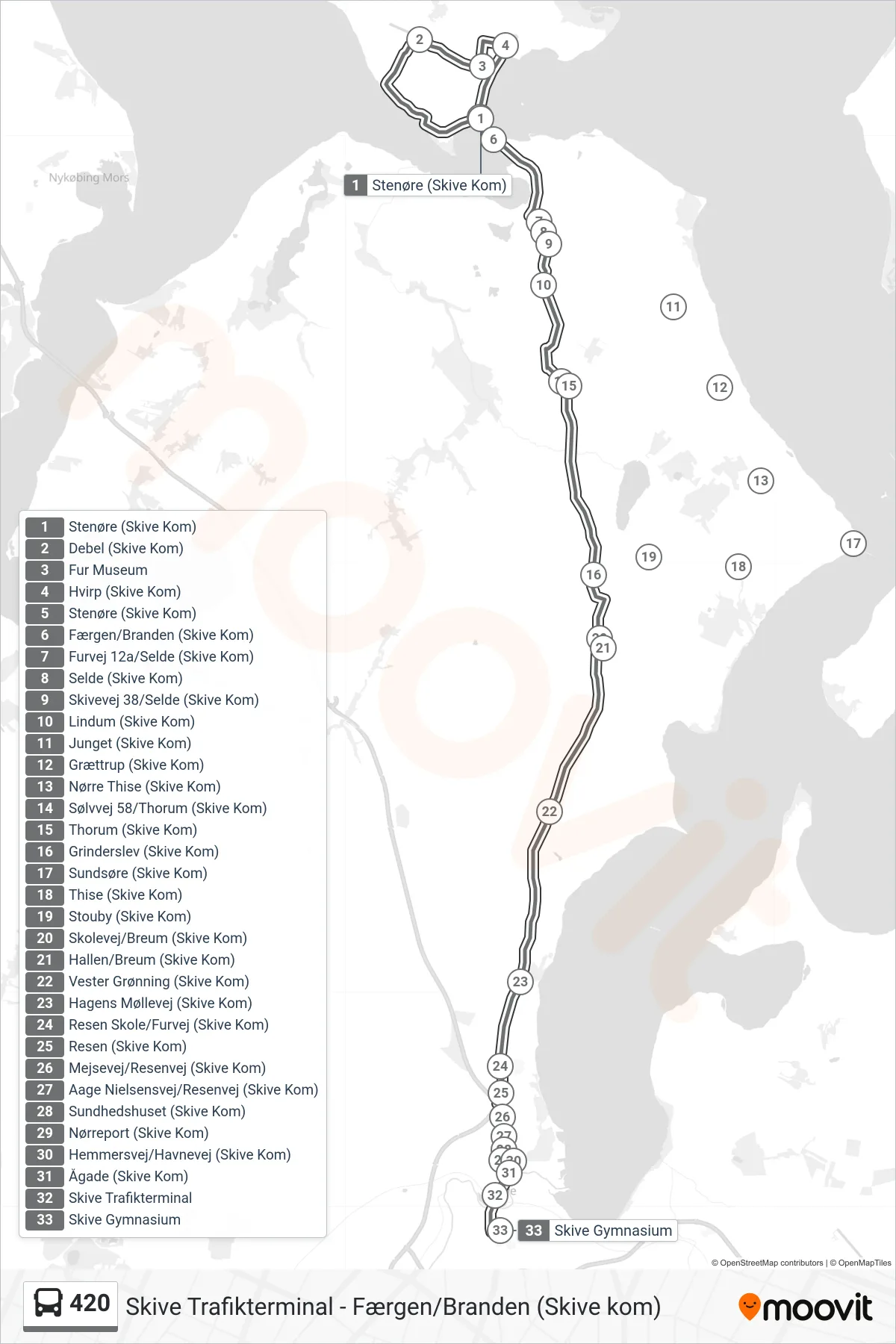 420 bus Linje (Skive Gymnasium) rute og stop på et kort