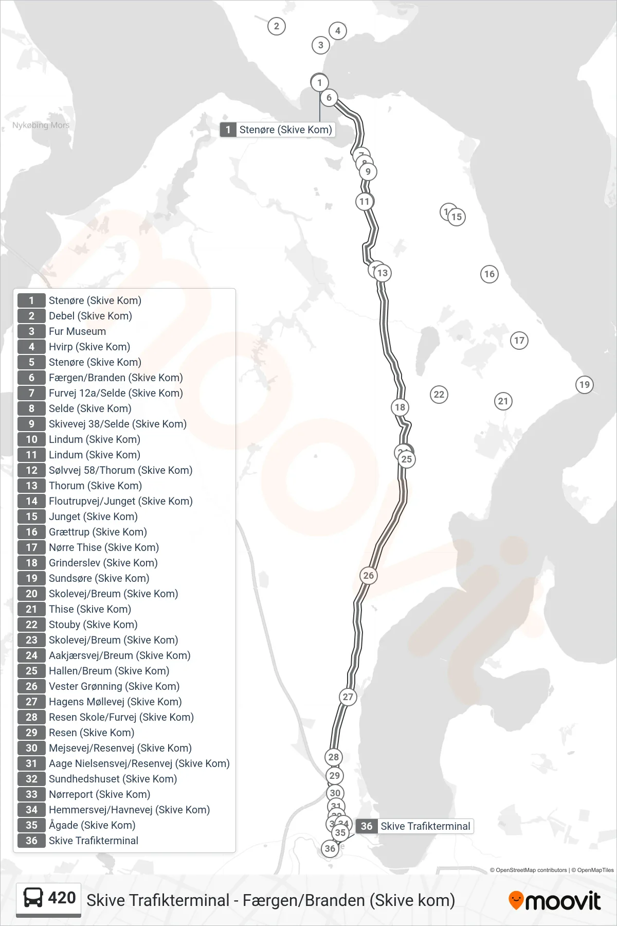 420 bus Linje (Skive Trafikterminal) rute og stop på et kort
