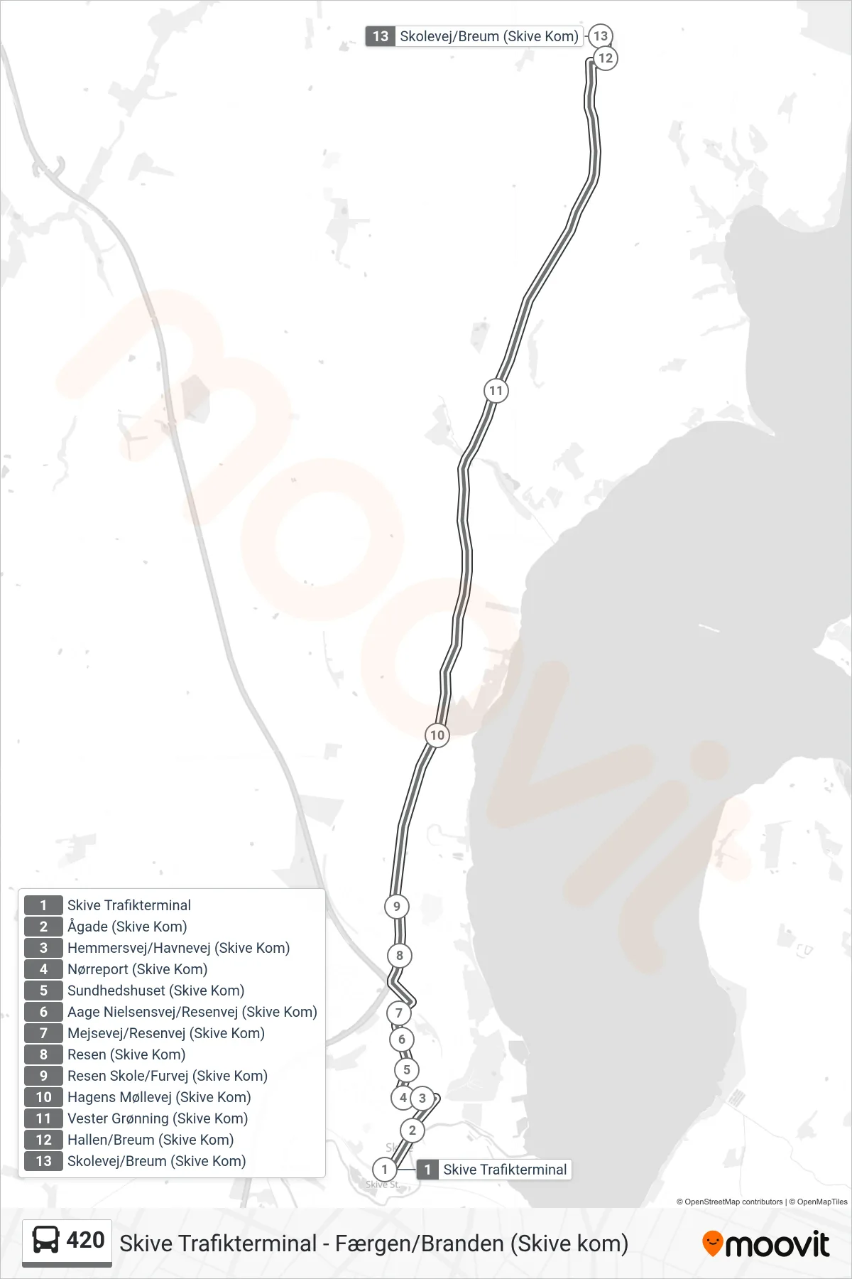 420 bus Linje (Breum) rute og stop på et kort