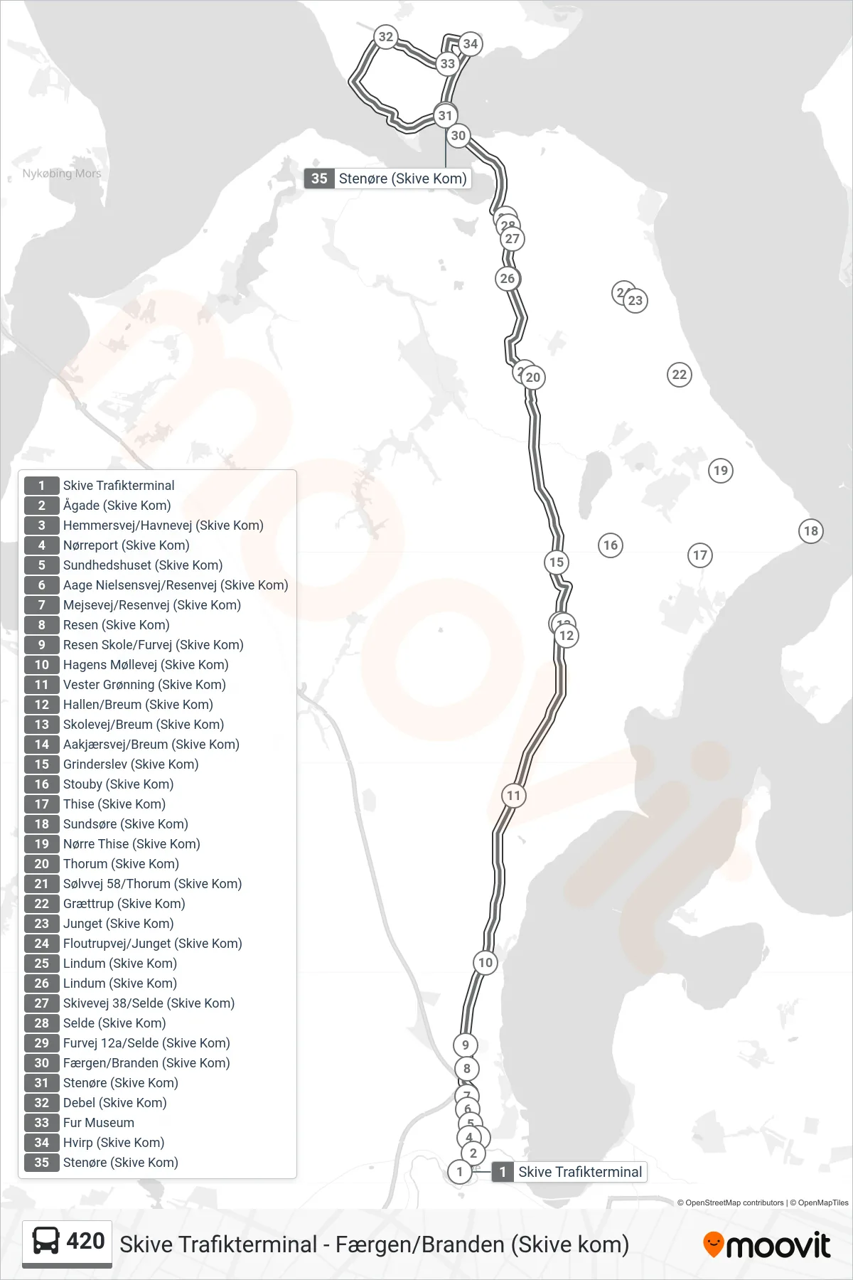 420 bus Linje (Færgen/Branden (Skive Kom)) rute og stop på et kort