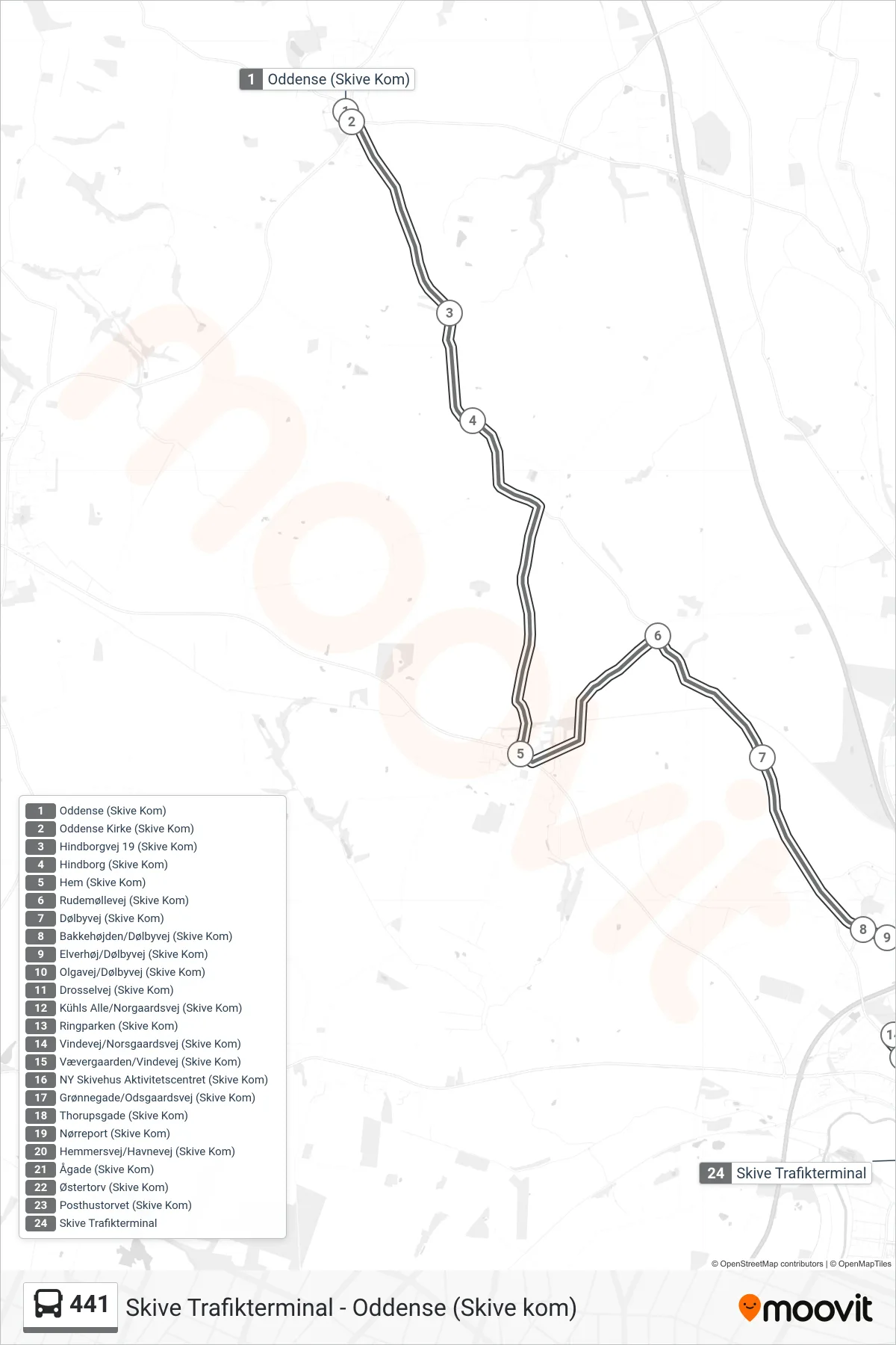 441 bus Linje (Skive Trafikterminal) rute og stop på et kort