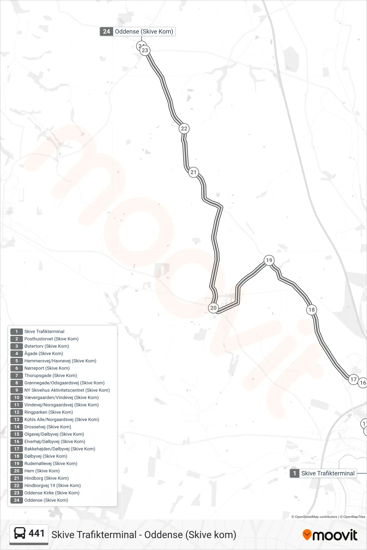 441 bus Linje (Oddense) rute og stop på et kort