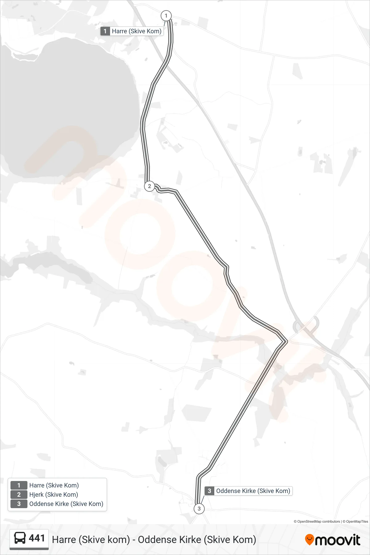 441 bus Linje (Oddense) rute og stop på et kort