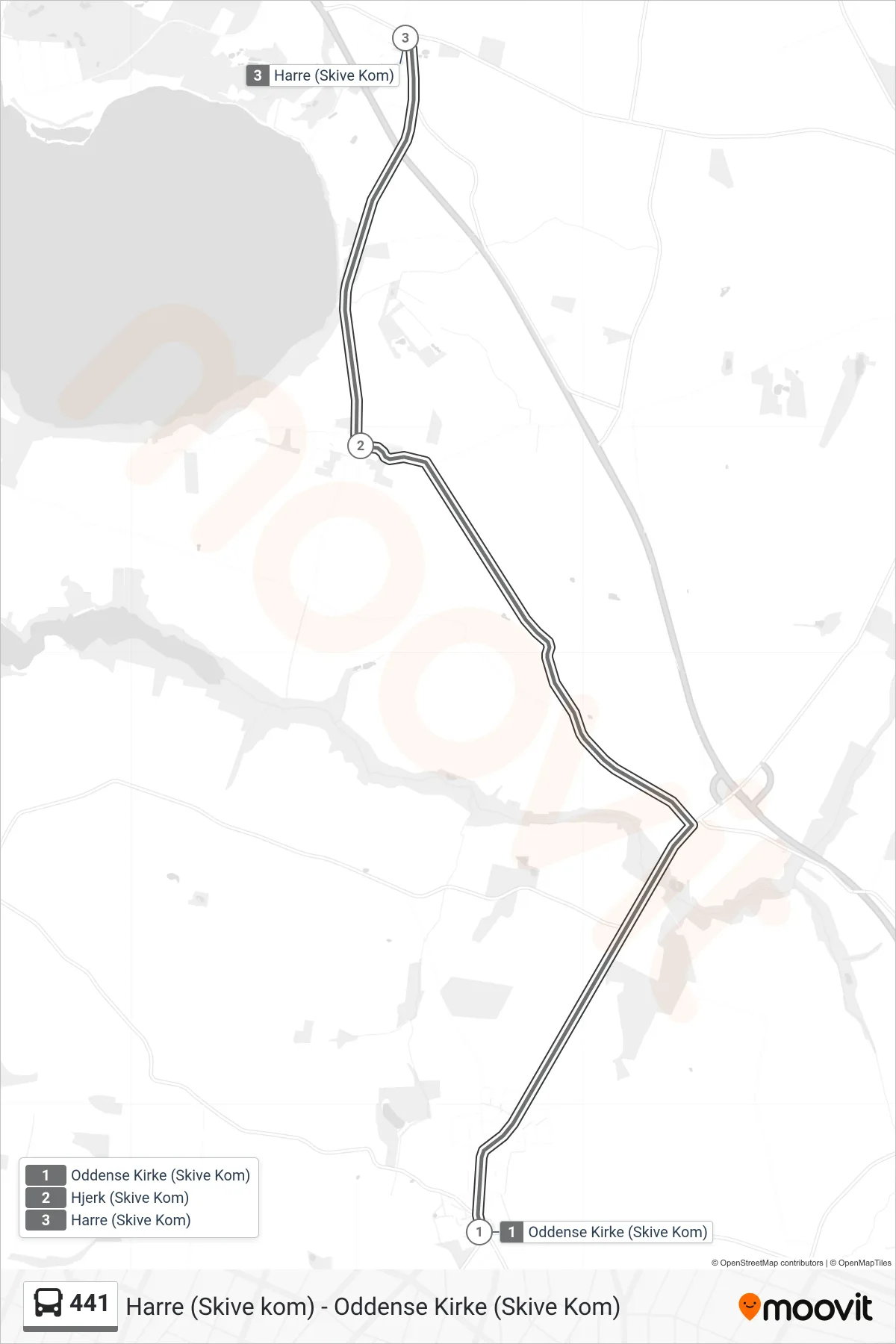 441 bus Linje (Harre) rute og stop på et kort
