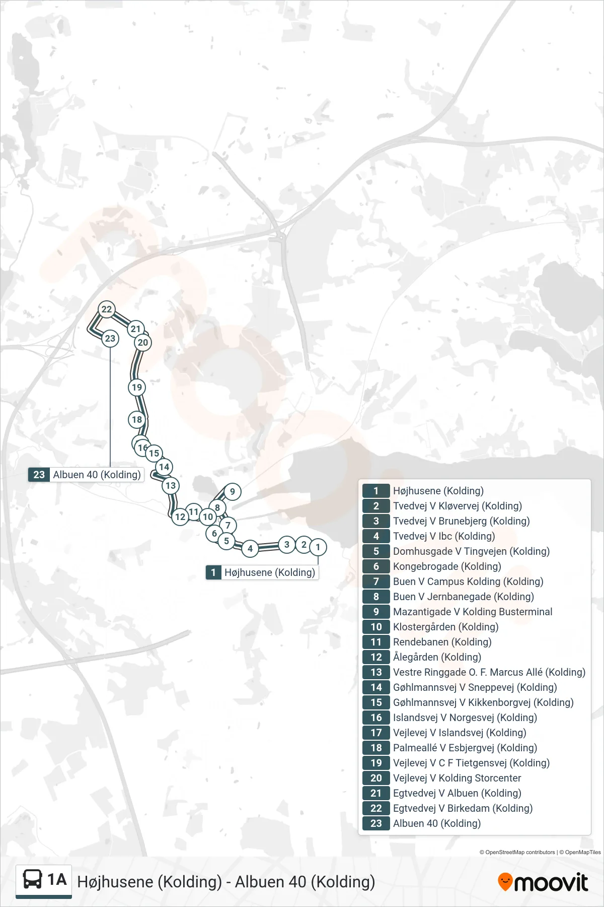 1A bus Linje (Albuen 40 (Kolding)) rute og stop på et kort