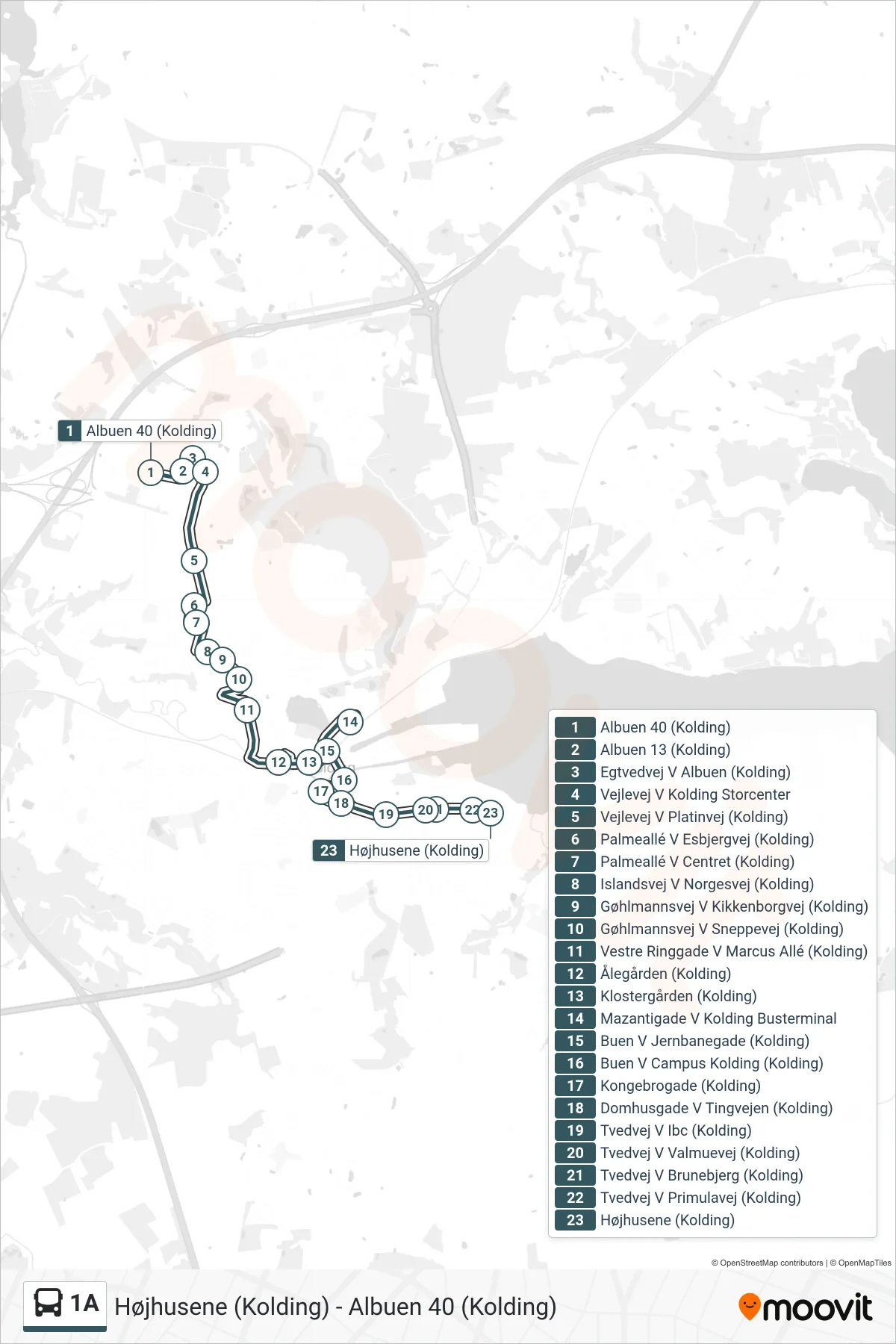 1A bus Linje (Højhusene (Kolding)) rute og stop på et kort