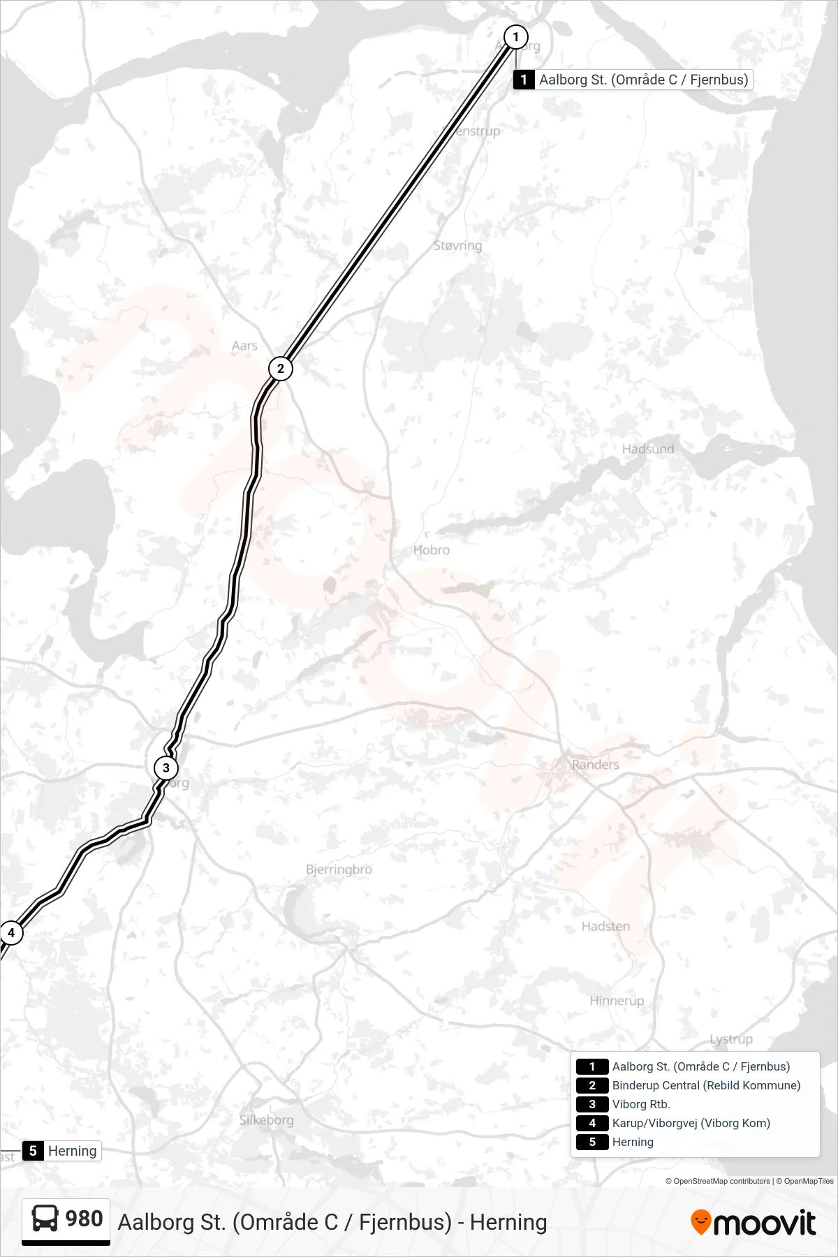 980 bus Linje (Herning (Fjernbus)) rute og stop på et kort