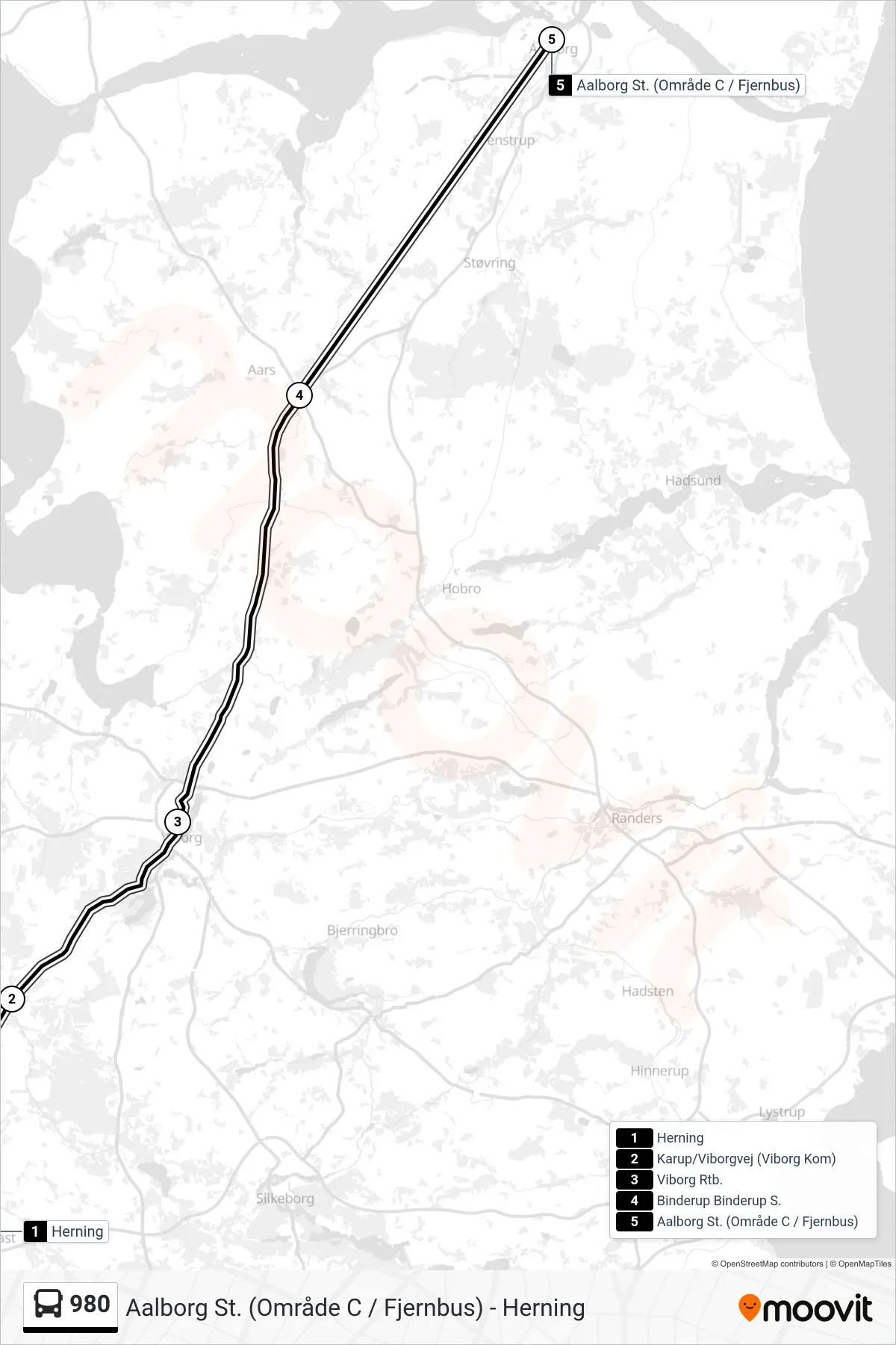 980 bus Linje (Aalborg St. (Område C / Fjernbus)) rute og stop på et kort