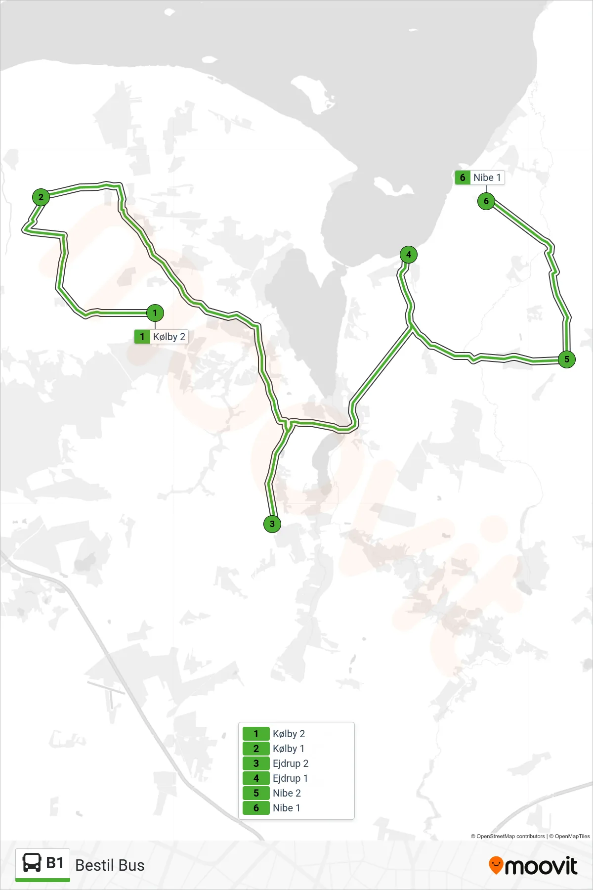 B1 bus Linje (Bestil Bus) rute og stop på et kort