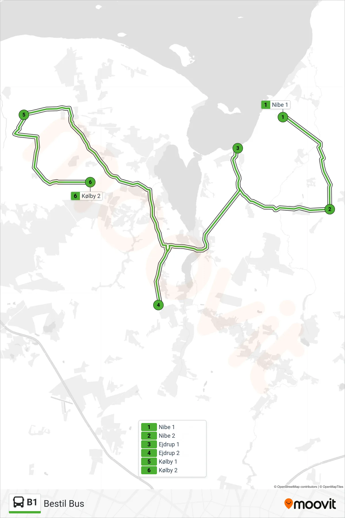 B1 bus Linje (Bestil Bus) rute og stop på et kort