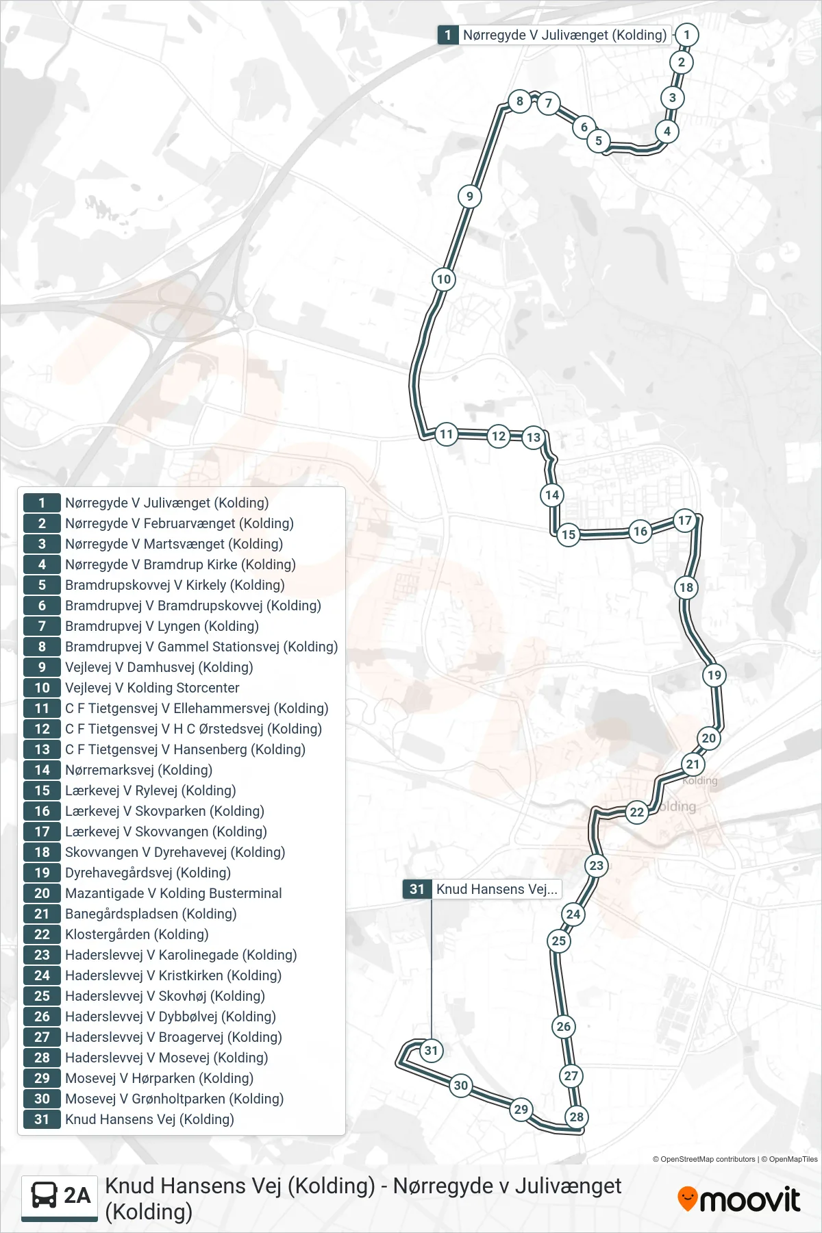 2A bus Linje (Knud Hansens Vej (Kolding)) rute og stop på et kort