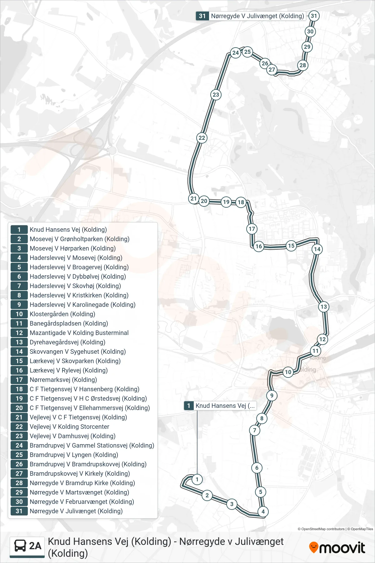 2A bus Linje (Nørregyde V Julivænget (Kolding)) rute og stop på et kort