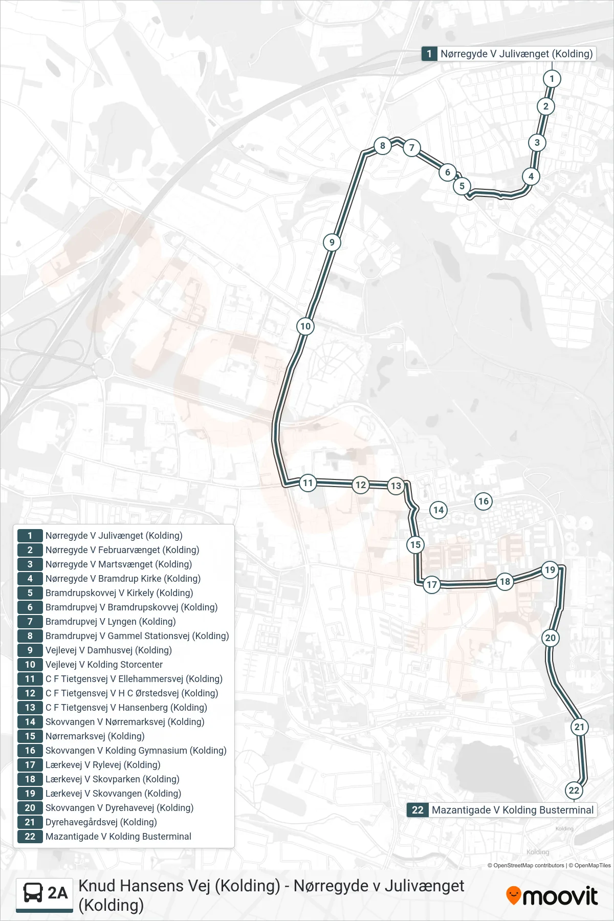 2A bus Linje (Mazantigade V Kolding Busterminal) rute og stop på et kort