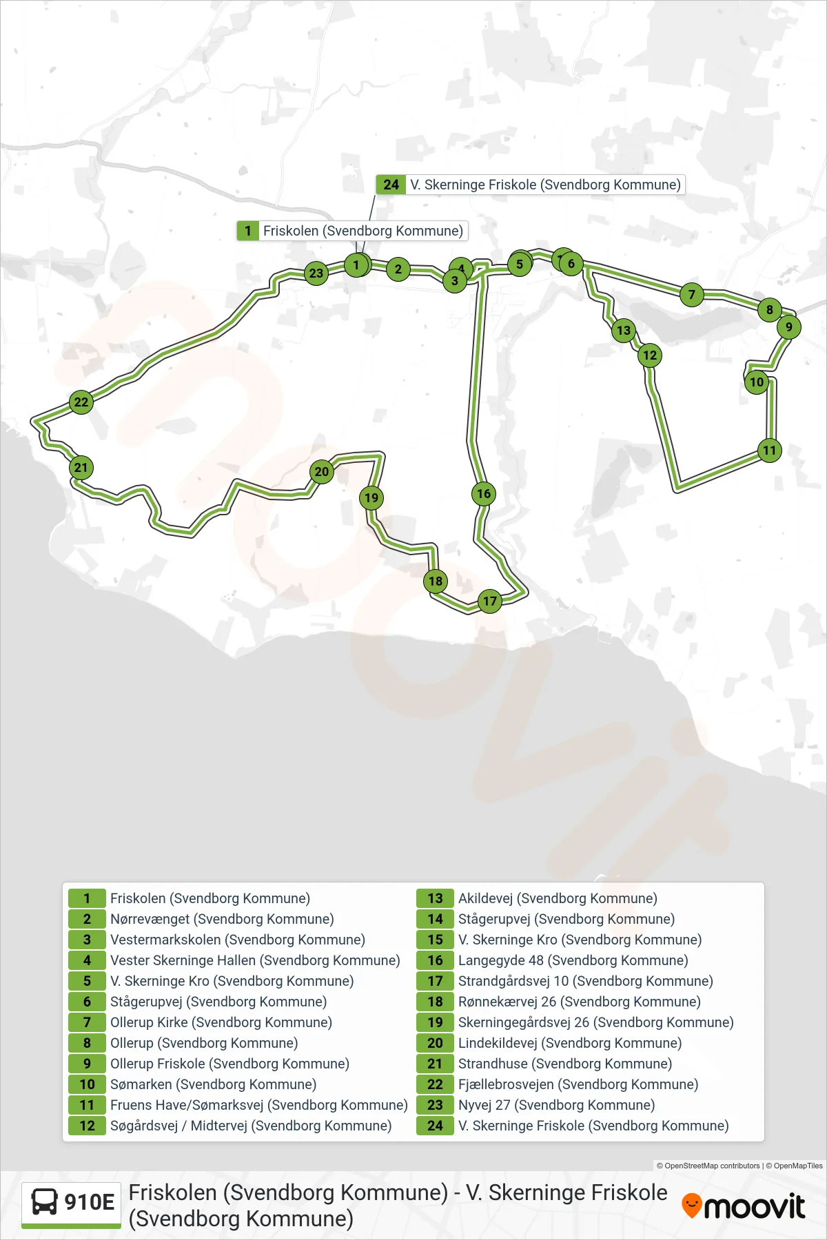 910E bus Linje (Vester Skerninge) rute og stop på et kort