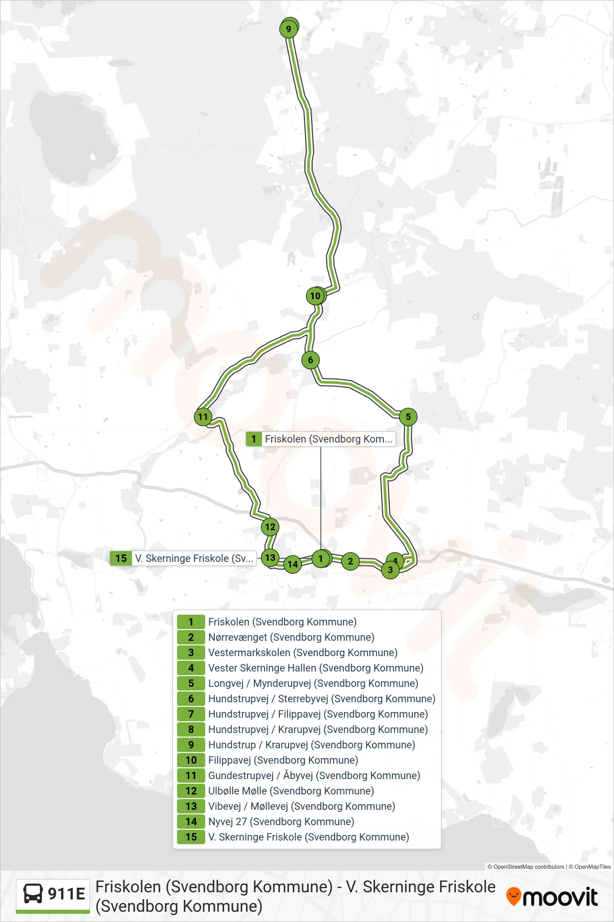 911E bus Linje (Vester Skerninge) rute og stop på et kort