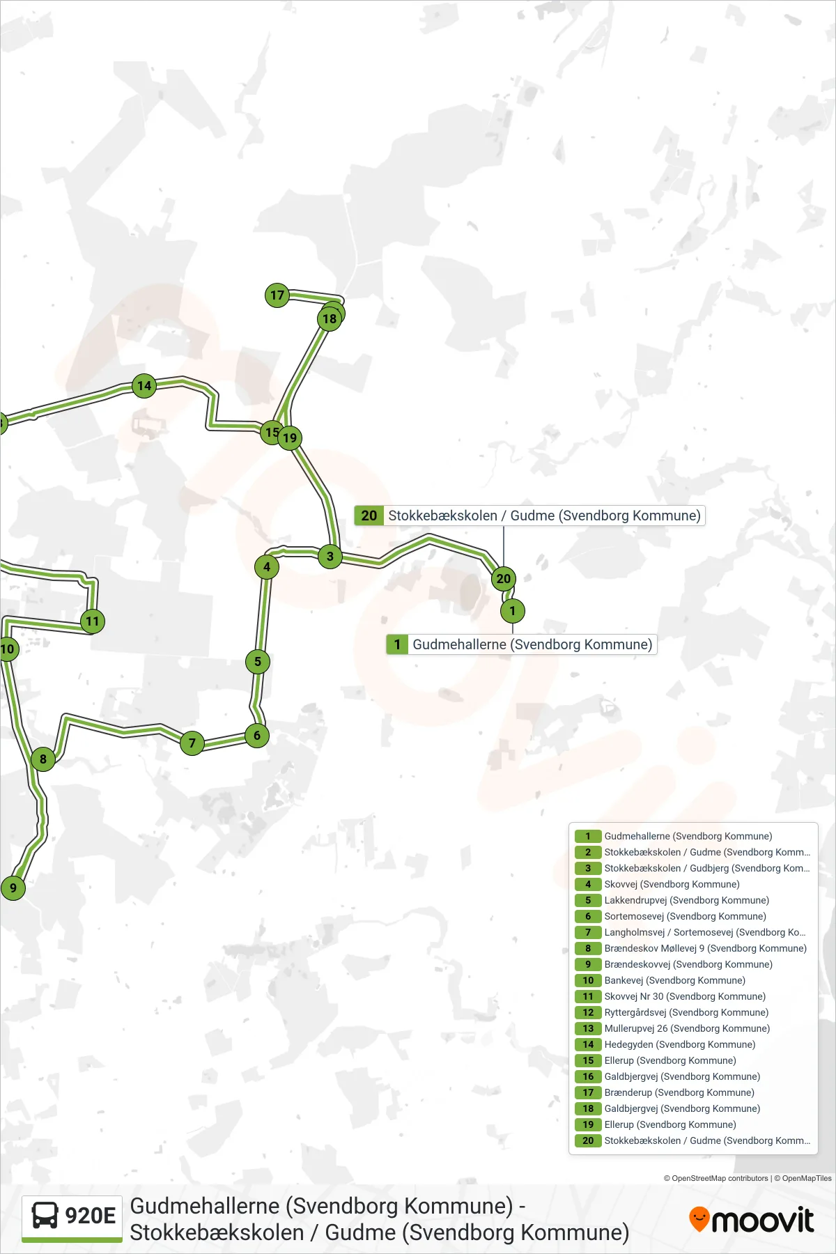 920E bus Linje (Gudme) rute og stop på et kort