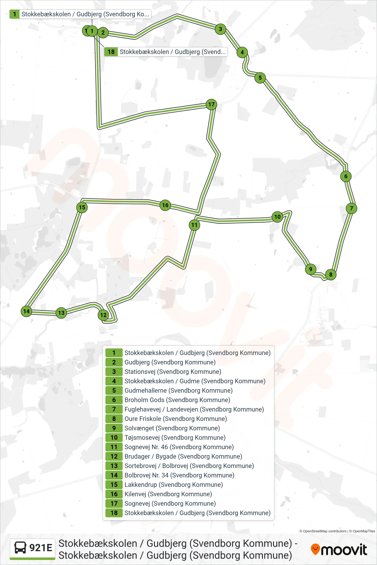921E bus Linje (Gudbjerg) rute og stop på et kort