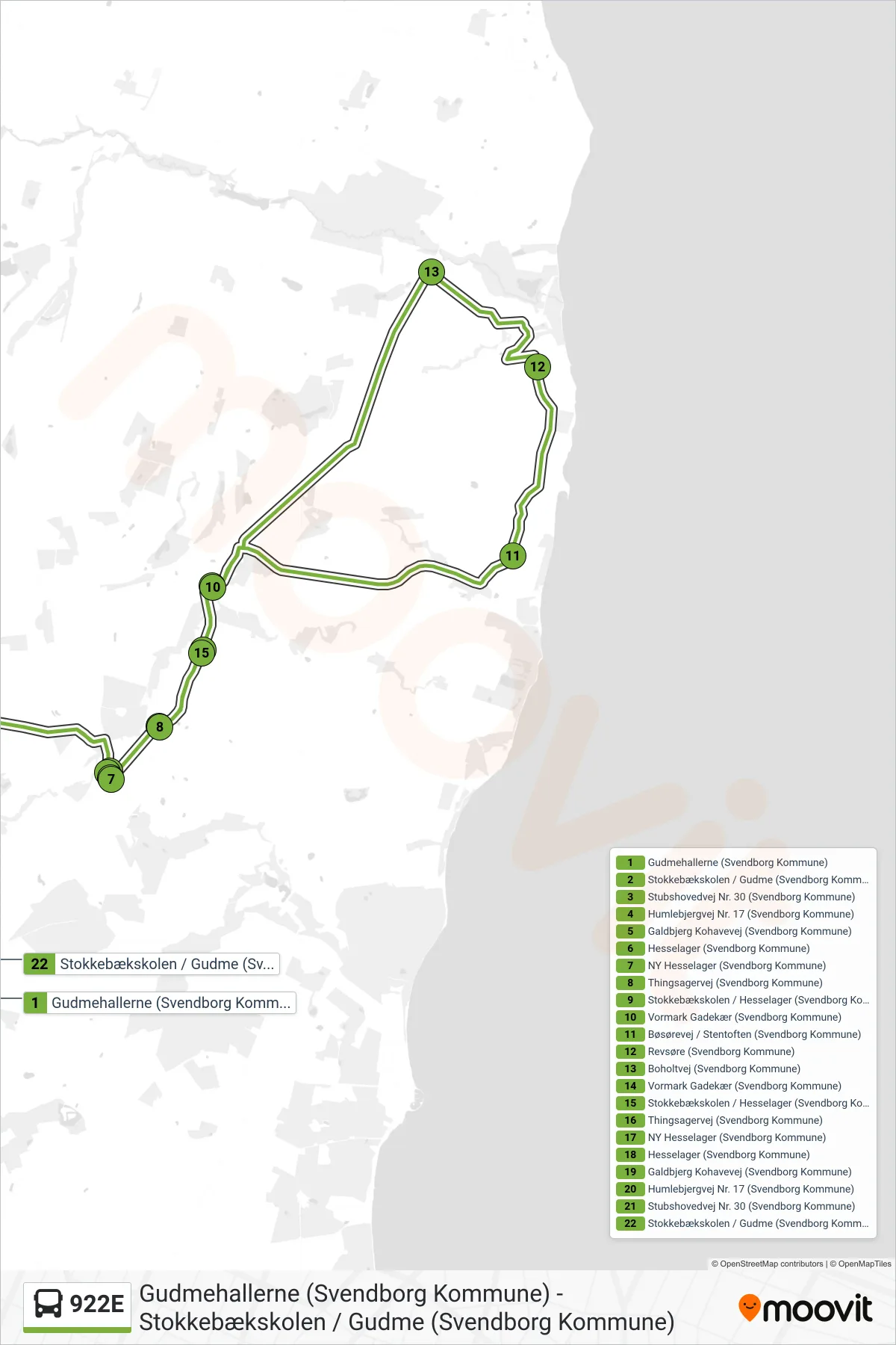 922E bus Linje (Gudme) rute og stop på et kort