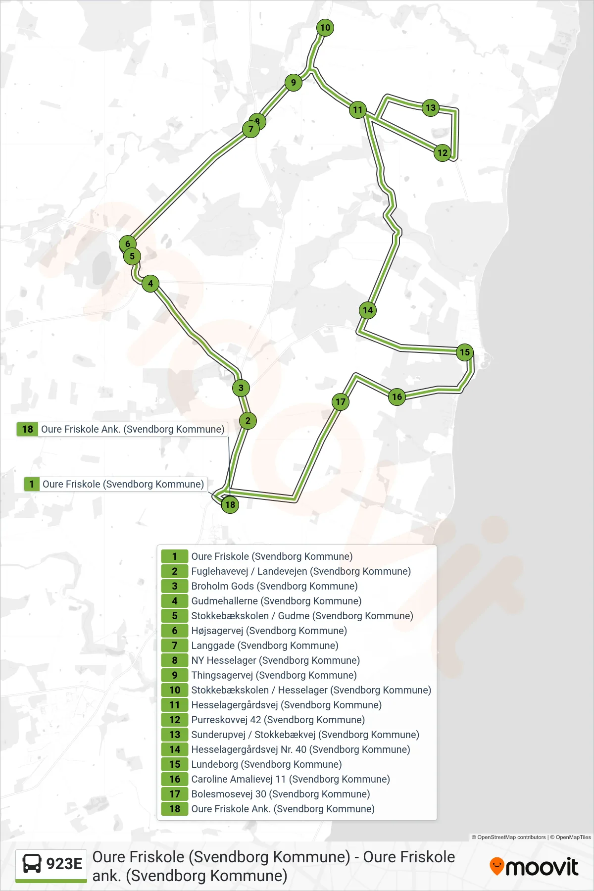 923E bus Linje (Oure) rute og stop på et kort