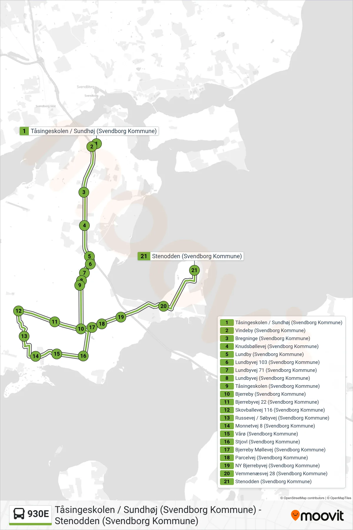 930E bus Linje (Vemmenæs) rute og stop på et kort