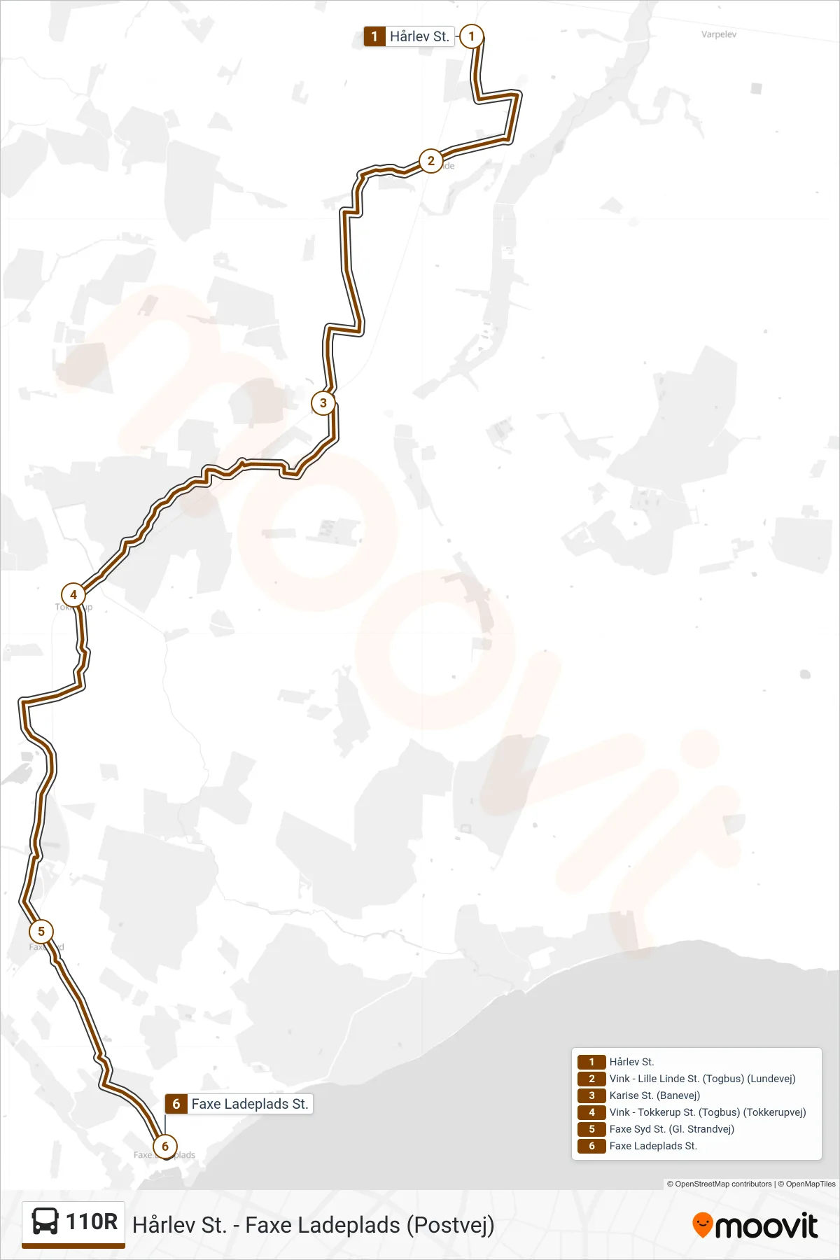 110R bus Linje (Faxe Ladeplads) rute og stop på et kort