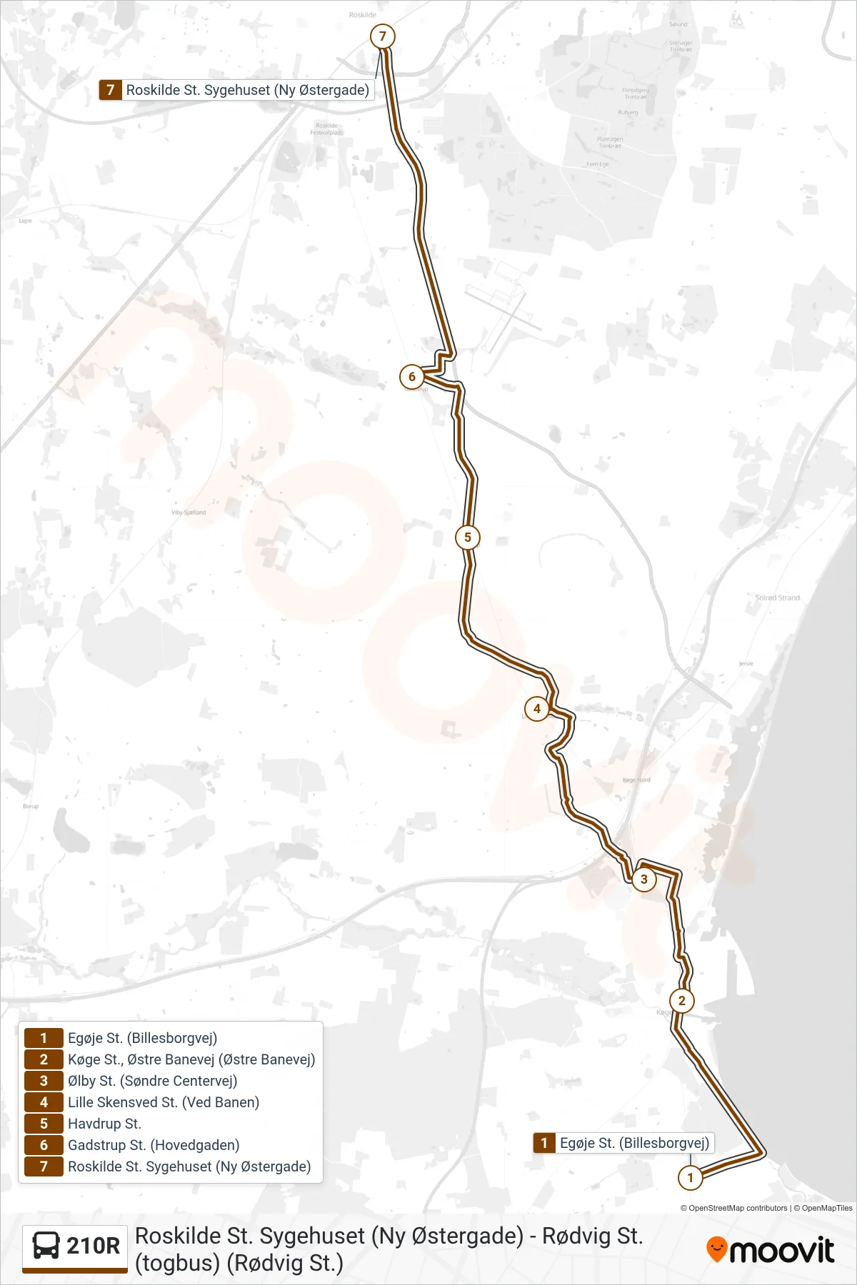 210R bus Linje (Roskilde St. Sygehuset) rute og stop på et kort