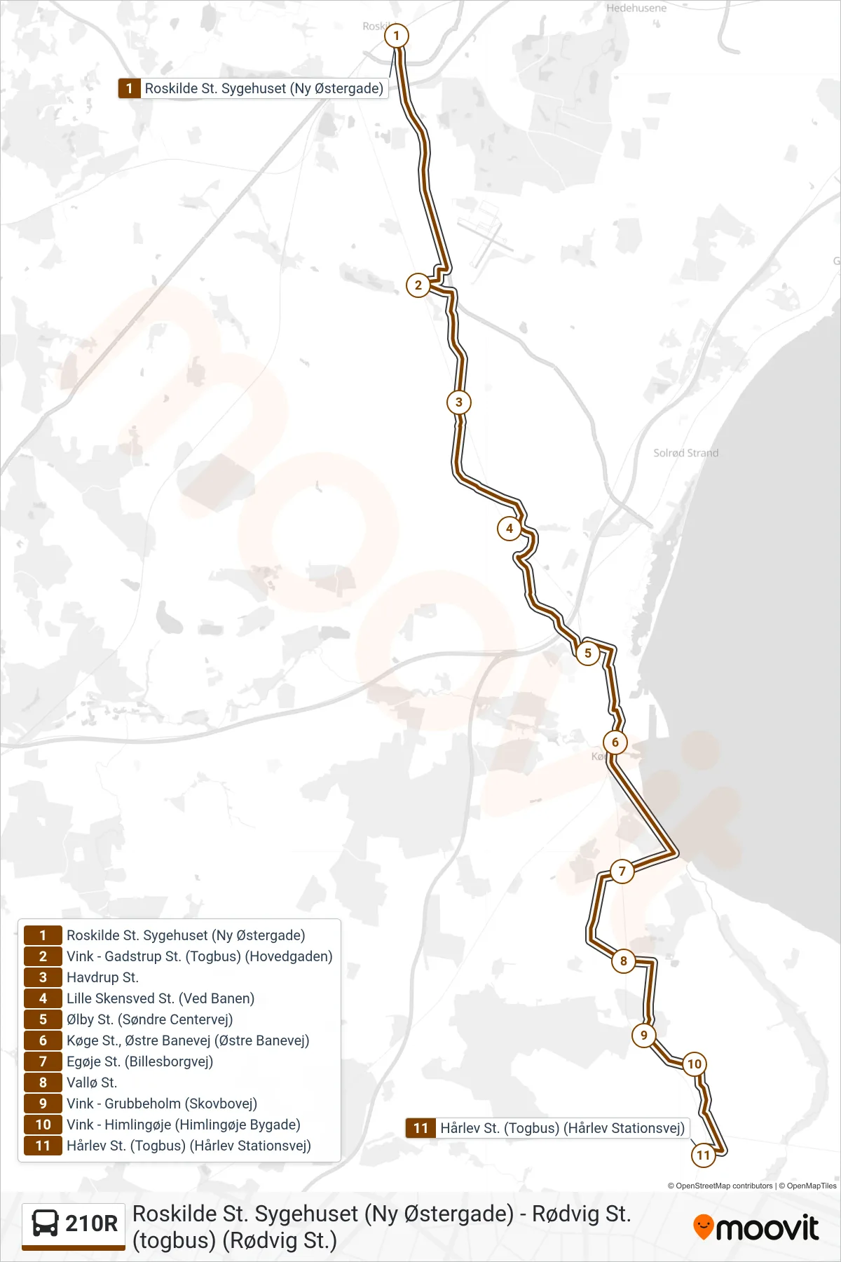 210R bus Linje (Hårlev St.) rute og stop på et kort