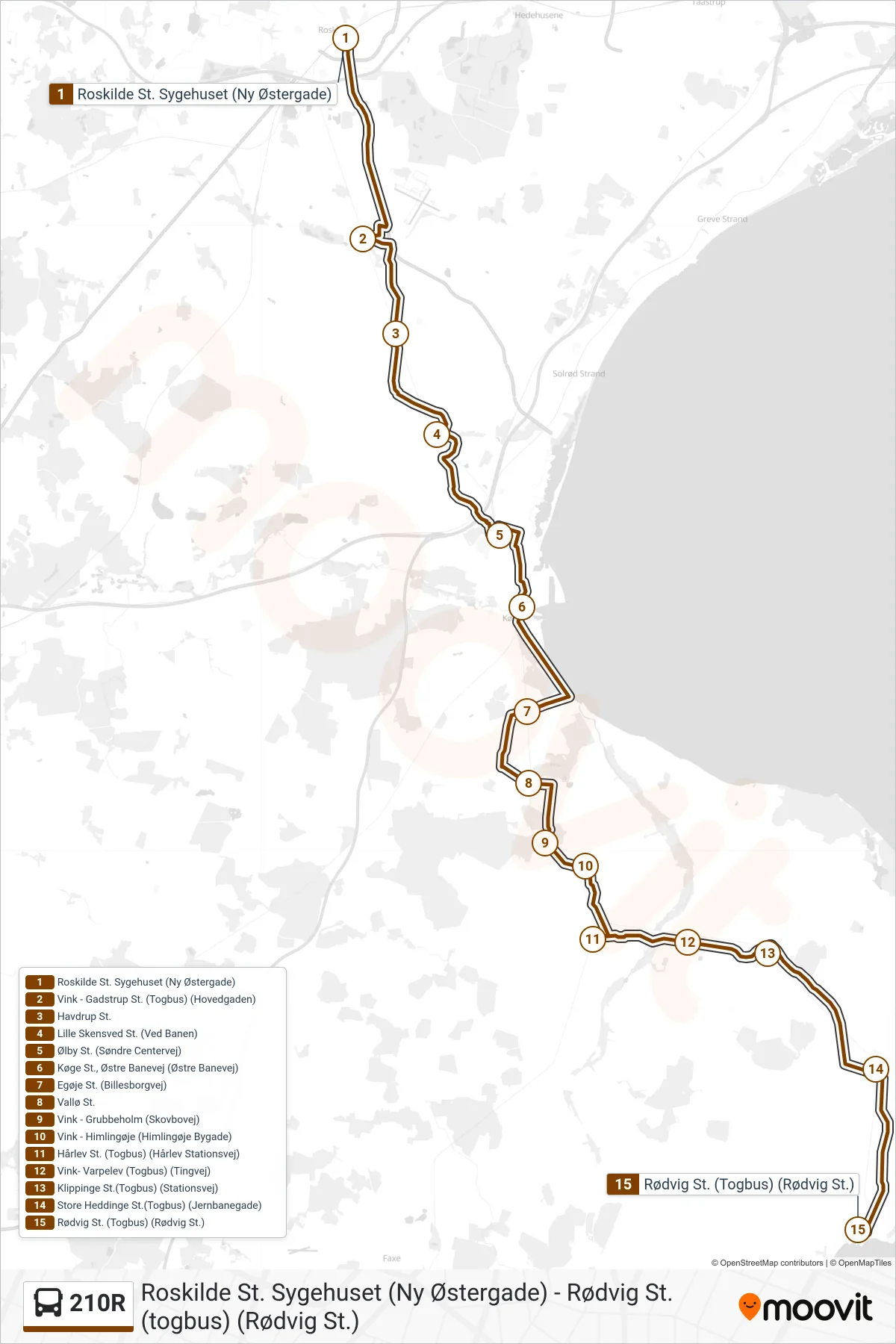 210R bus Linje (Rødvig St.) rute og stop på et kort