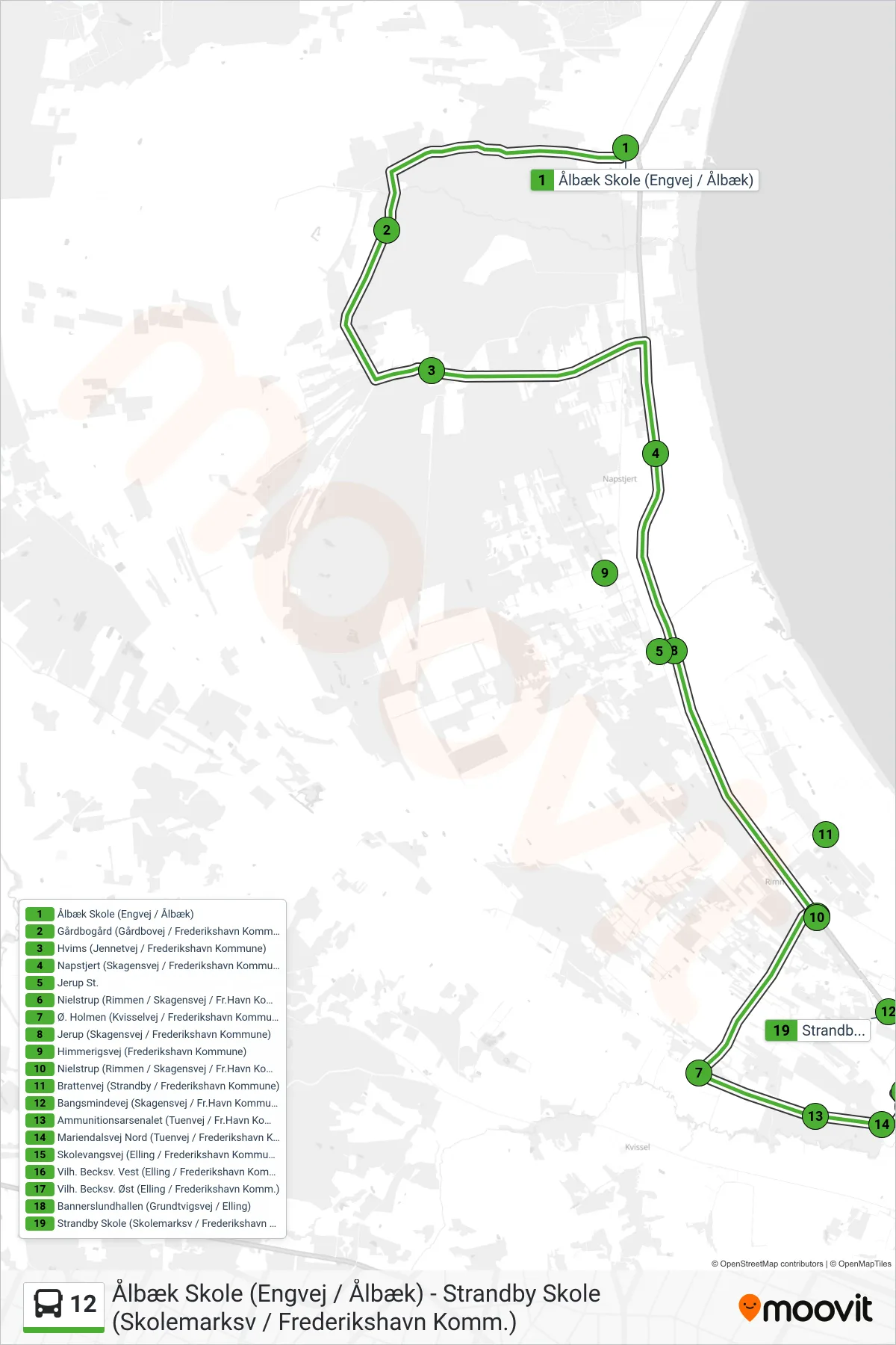 12 bus Linje (Strandby Skole) rute og stop på et kort