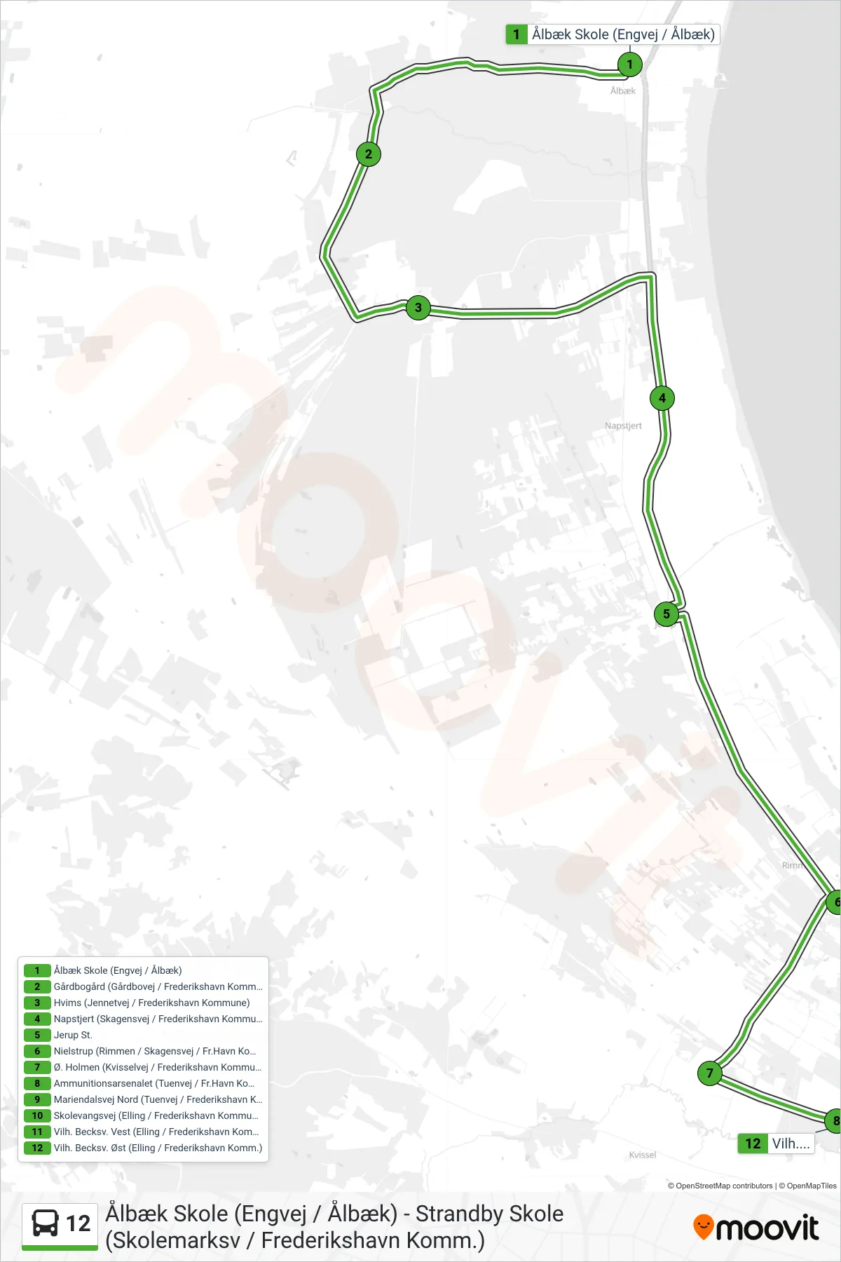 12 bus Line (Elling) route and stops on a map