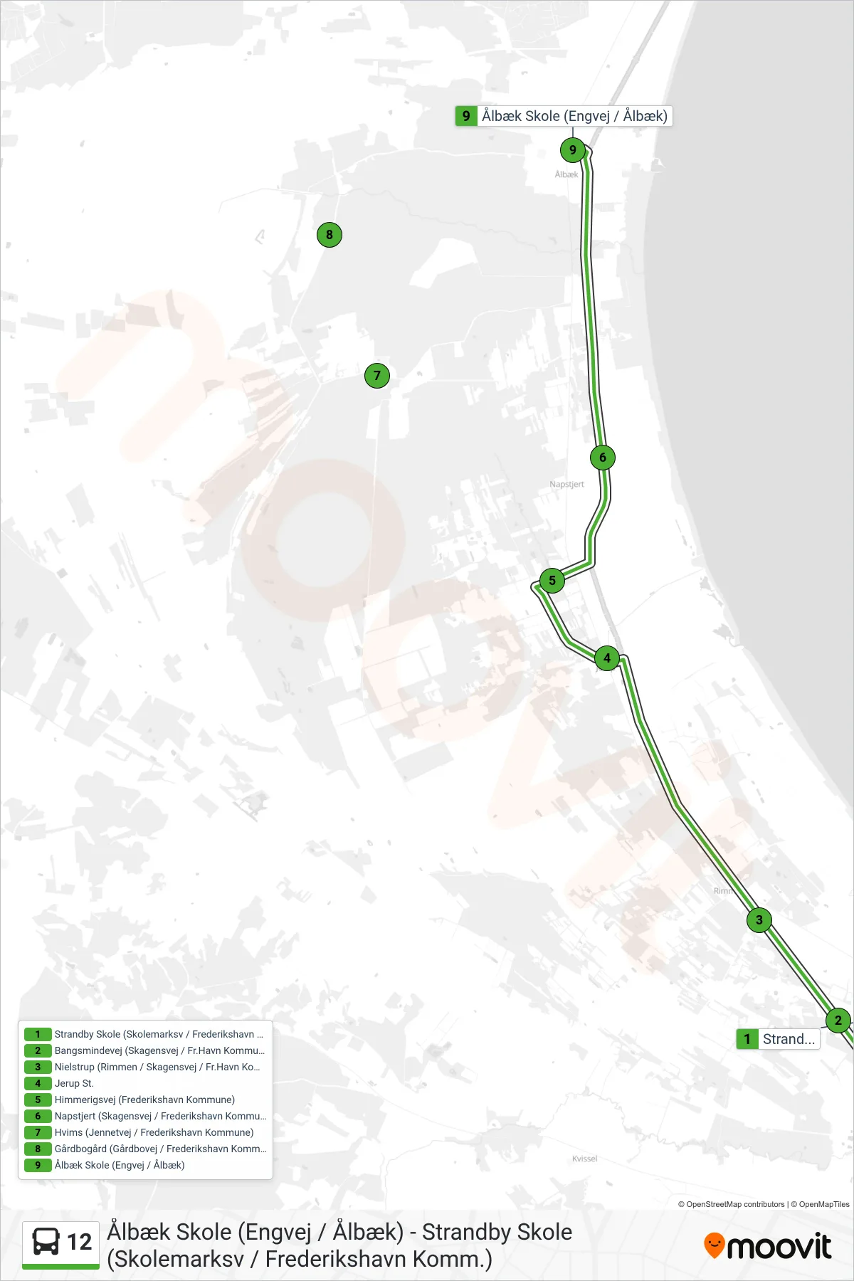 12 bus Linje (Ålbæk Skole) rute og stop på et kort