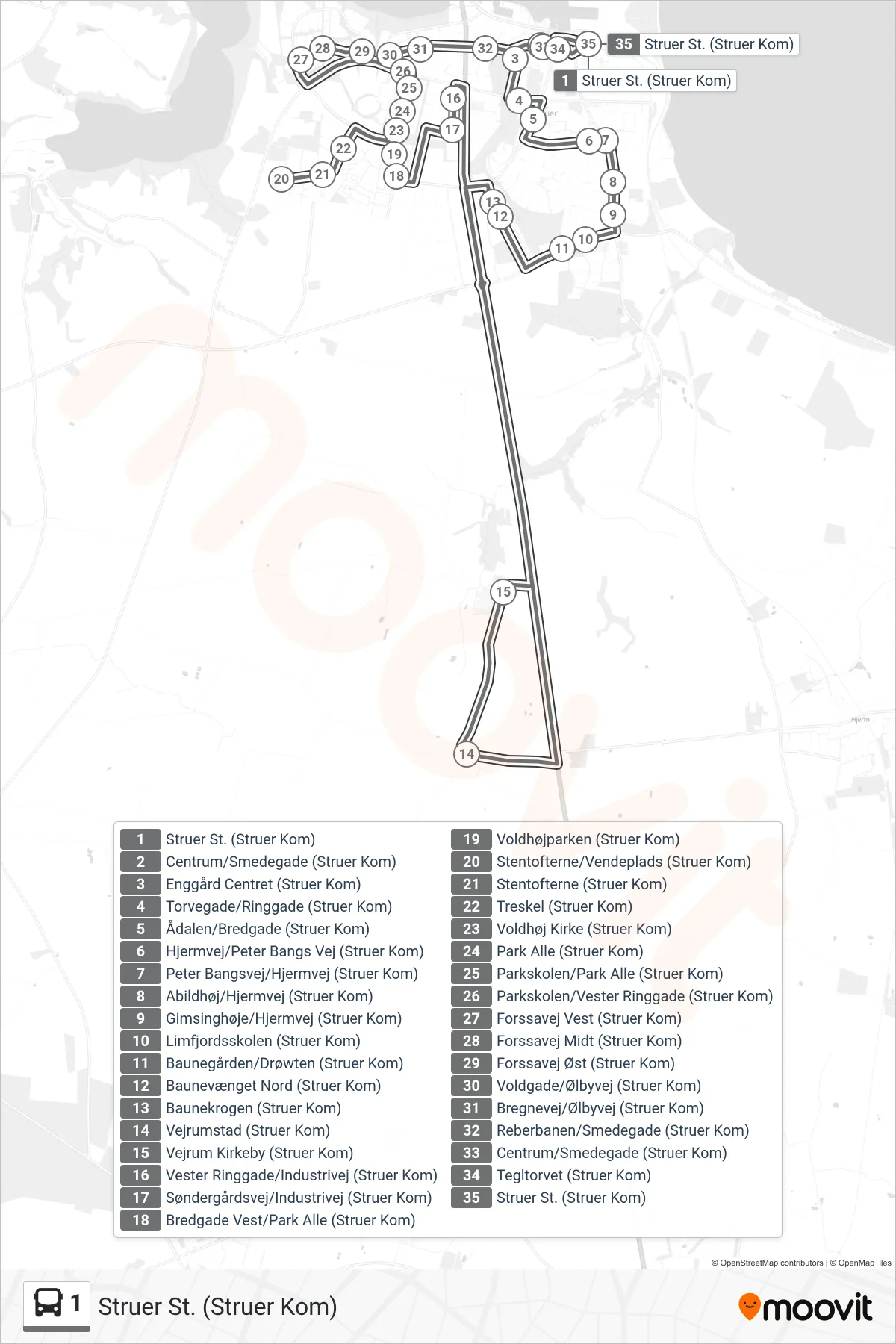 1 bus Linje (Struer St. (Struer Kom)) rute og stop på et kort