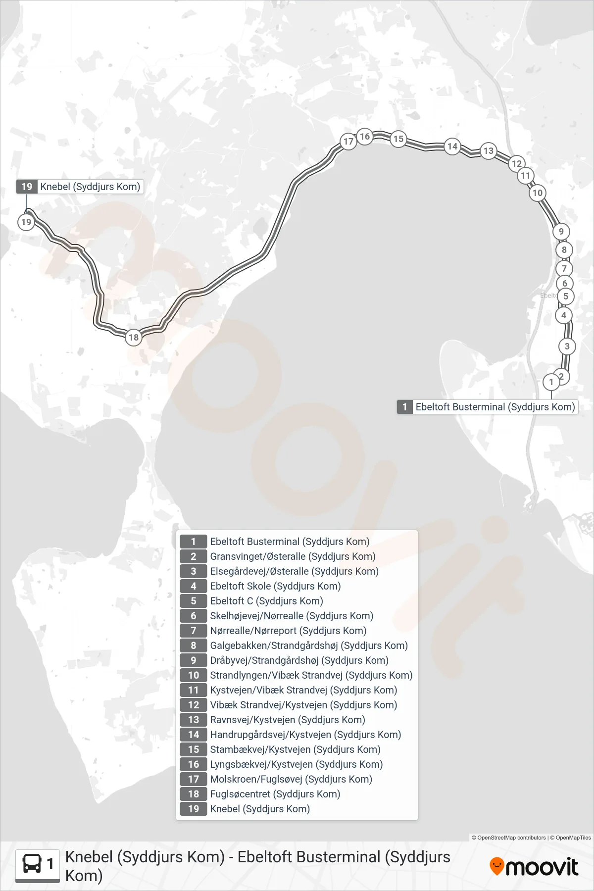 1 bus Linje (Knebel) rute og stop på et kort