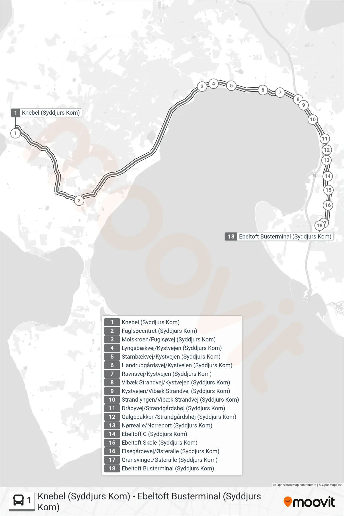 1 bus Linje (Ebeltoft Busterminal) rute og stop på et kort
