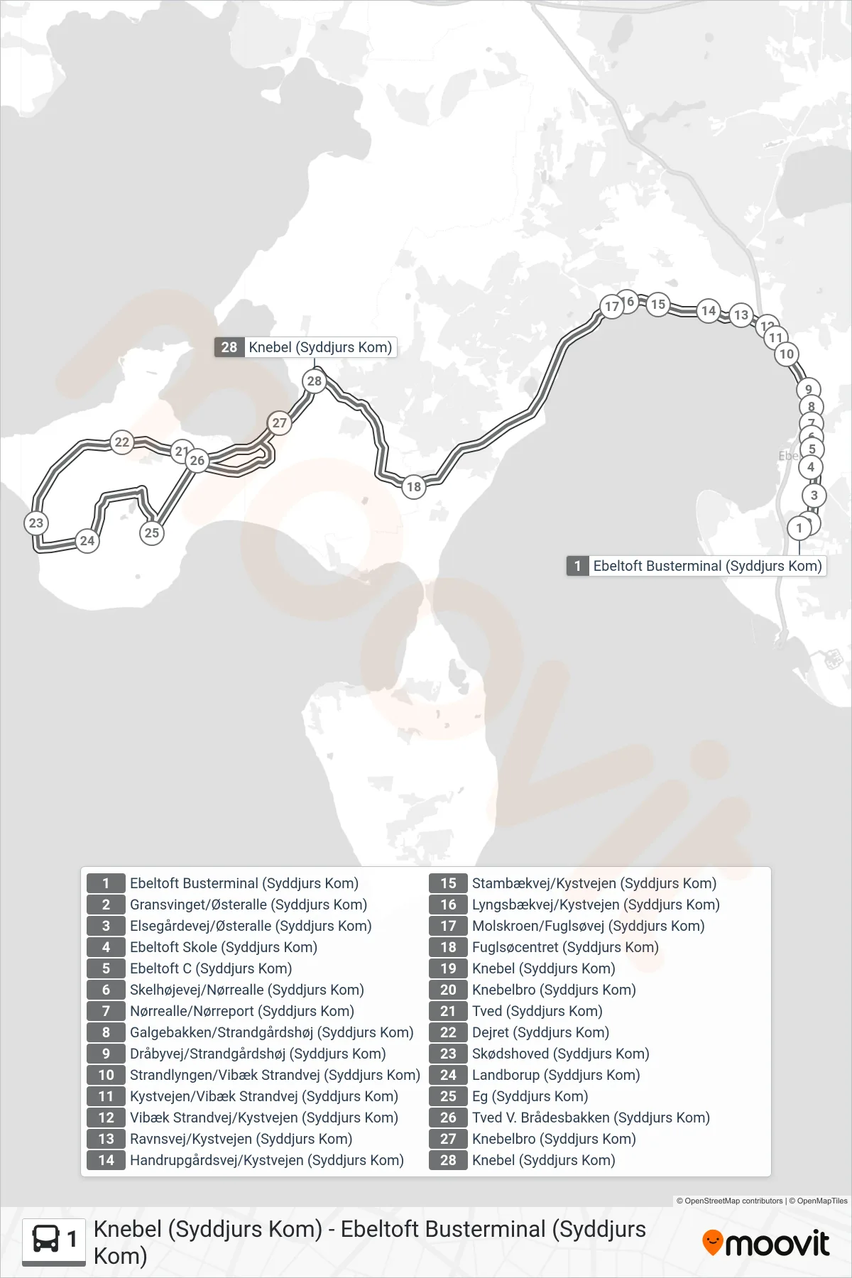 1 bus Line (Knebel (Syddjurs Kom)) route and stops on a map