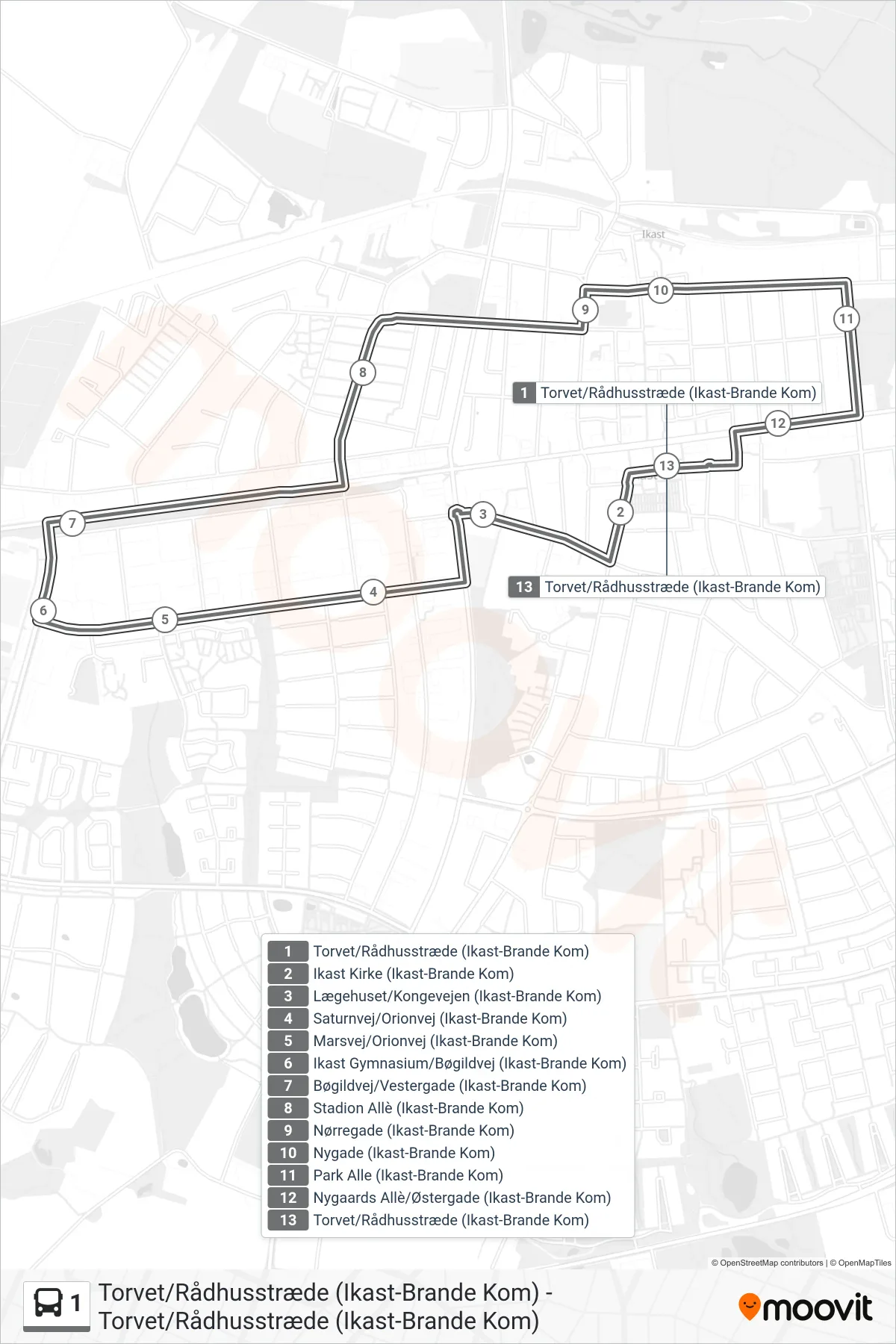 1 bus Linje (Torvet/Rådhusstræde (Ikast-Brande Kom)) rute og stop på et kort